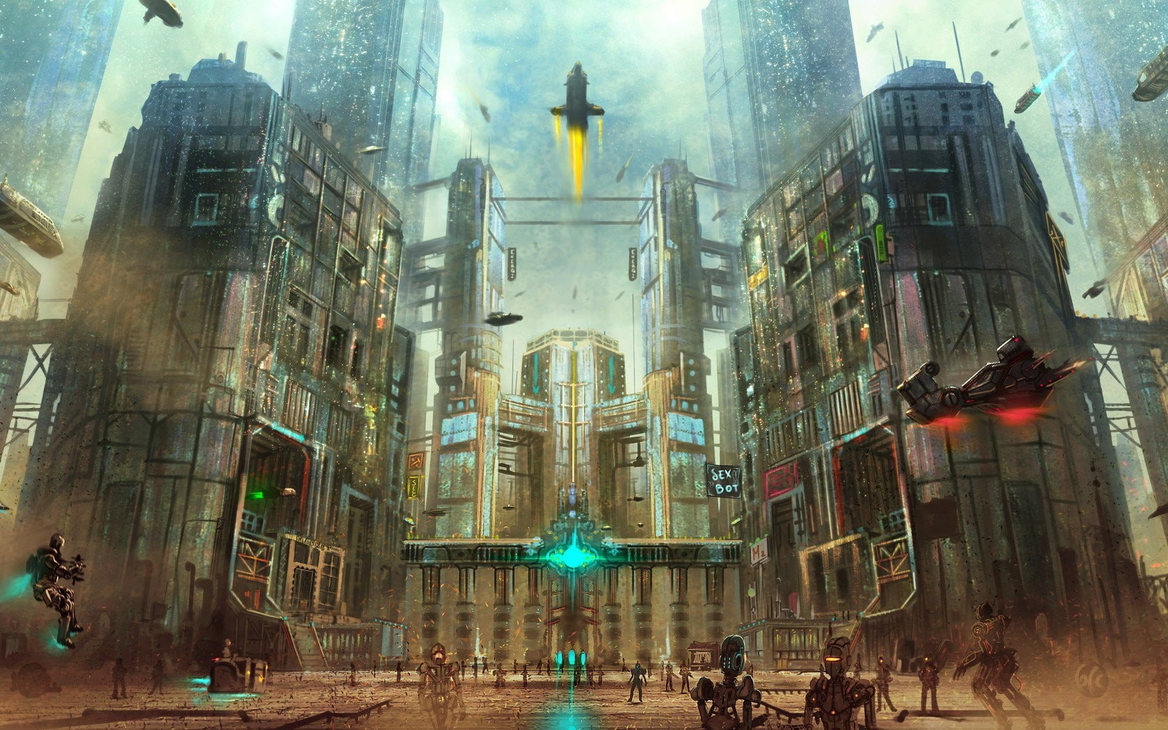 street, building, lights, robot, rocket, artwork, city, skyscraper, flying, futuristic, 720P, digital art, spaceship, fantasy art, cyberpunk, HD Wallpaper