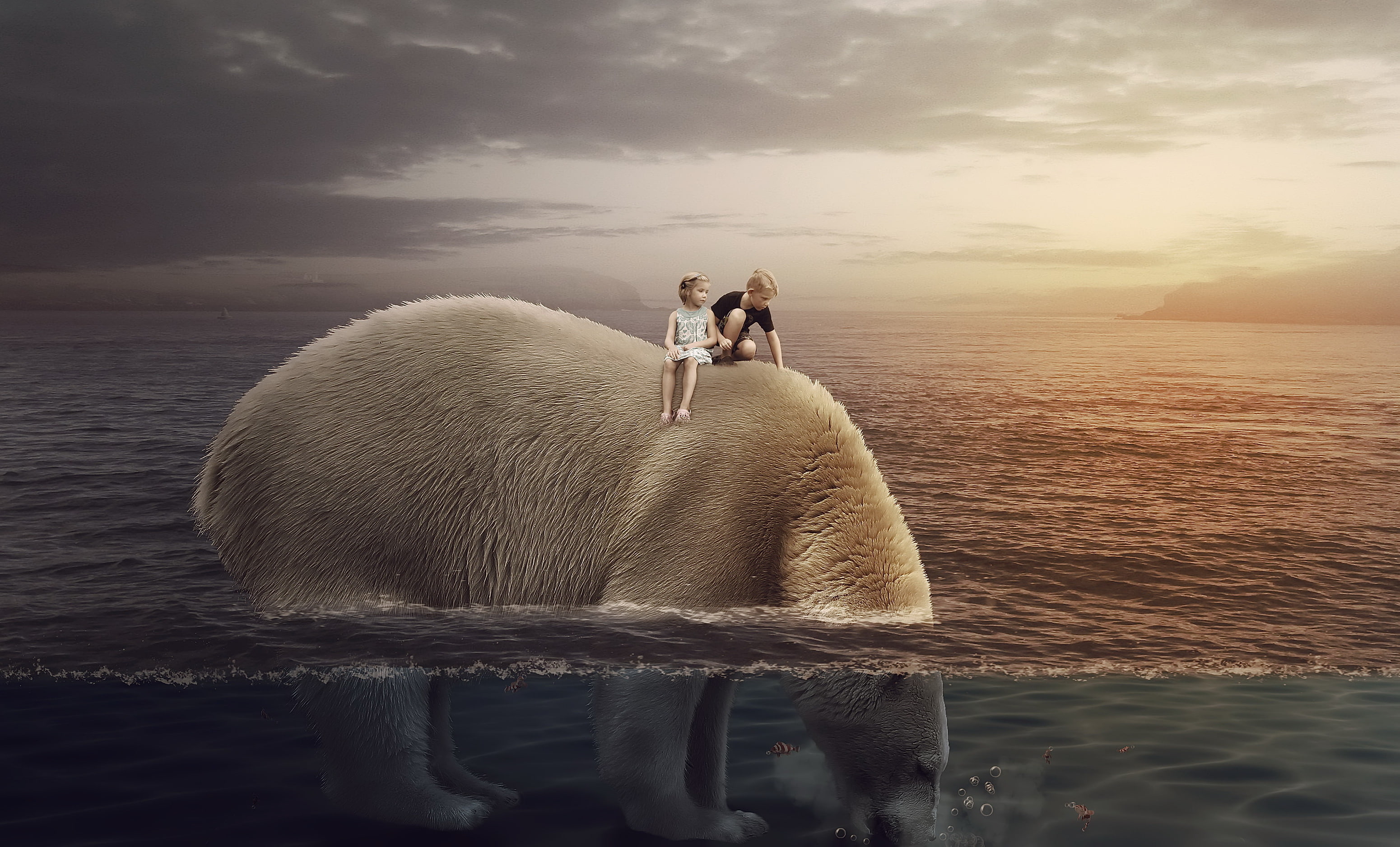 one animal, Boy, real people, people, beauty in nature, outdoors, water, lifestyles, sunset, women, nature, 2K, couple - relationship, Big bear, two people, HD Wallpaper