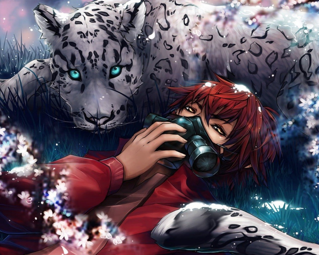 adult, flowers, big cats, obscured face, Yellow Eyes, Gas Masks, hairstyle, one person, women, mask, Anime Boys, unrecognizable person, art and craft, 720P, HD Wallpaper