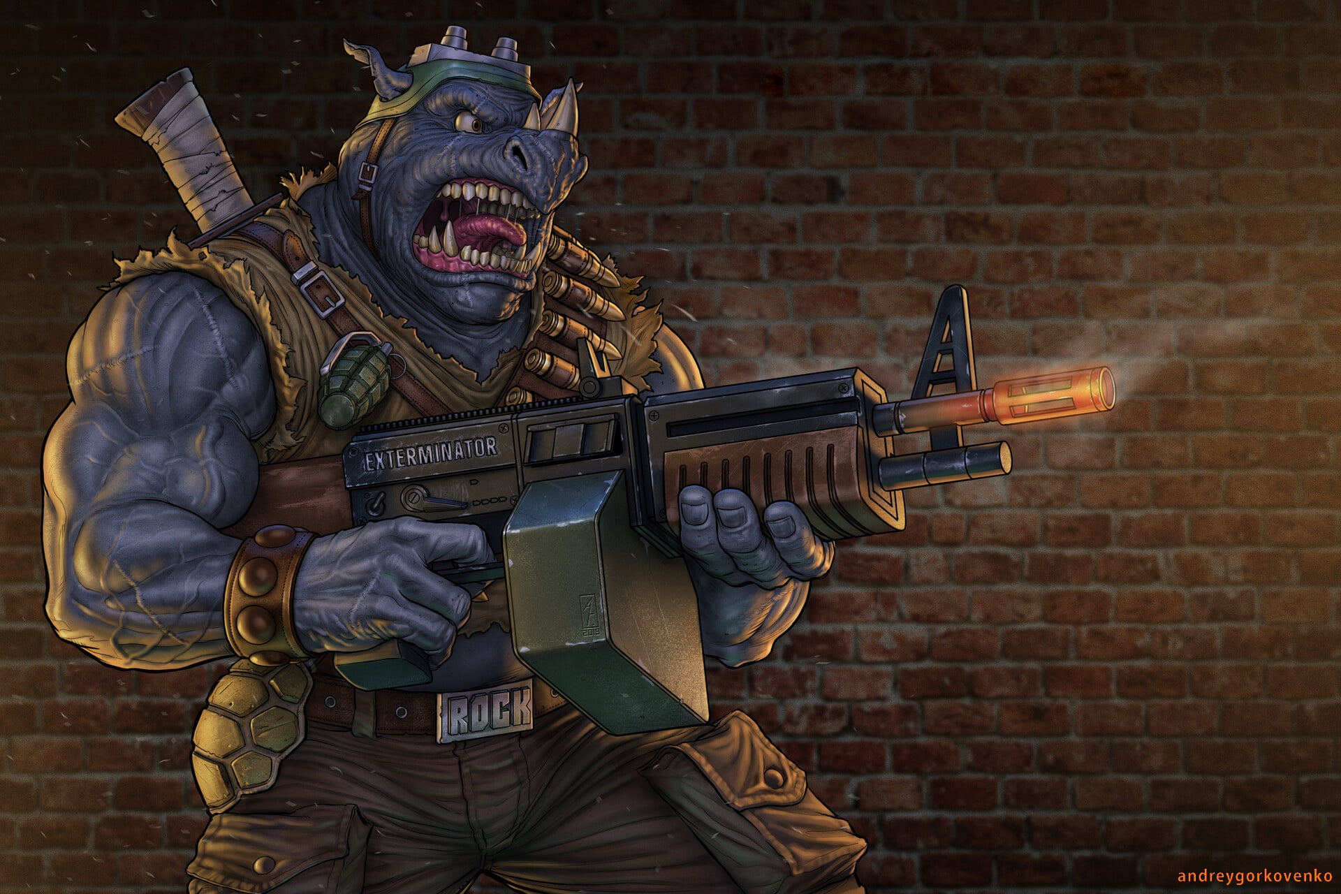 1080P, Machine gun, Minimalism, Background, Wall, Art, Rocksteady, TMNT, Character, ANDREY GORKOVENKO, Style, Teenage Mutant Ninja Turtles, by ANDREY GORKOVENKO, HD Wallpaper