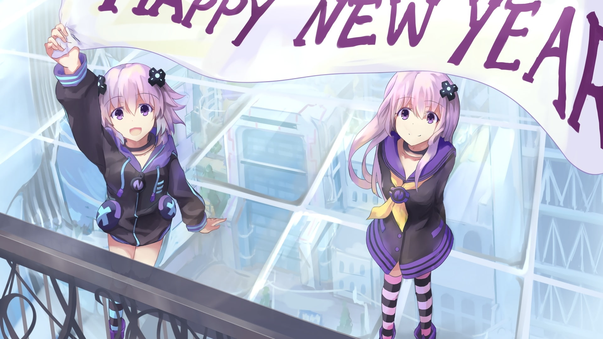 1080P, indoors, people, hyperdimension neptunia, celebration, real people, purple, full length, art and craft, communication, Anime, text, female likeness, HD Wallpaper