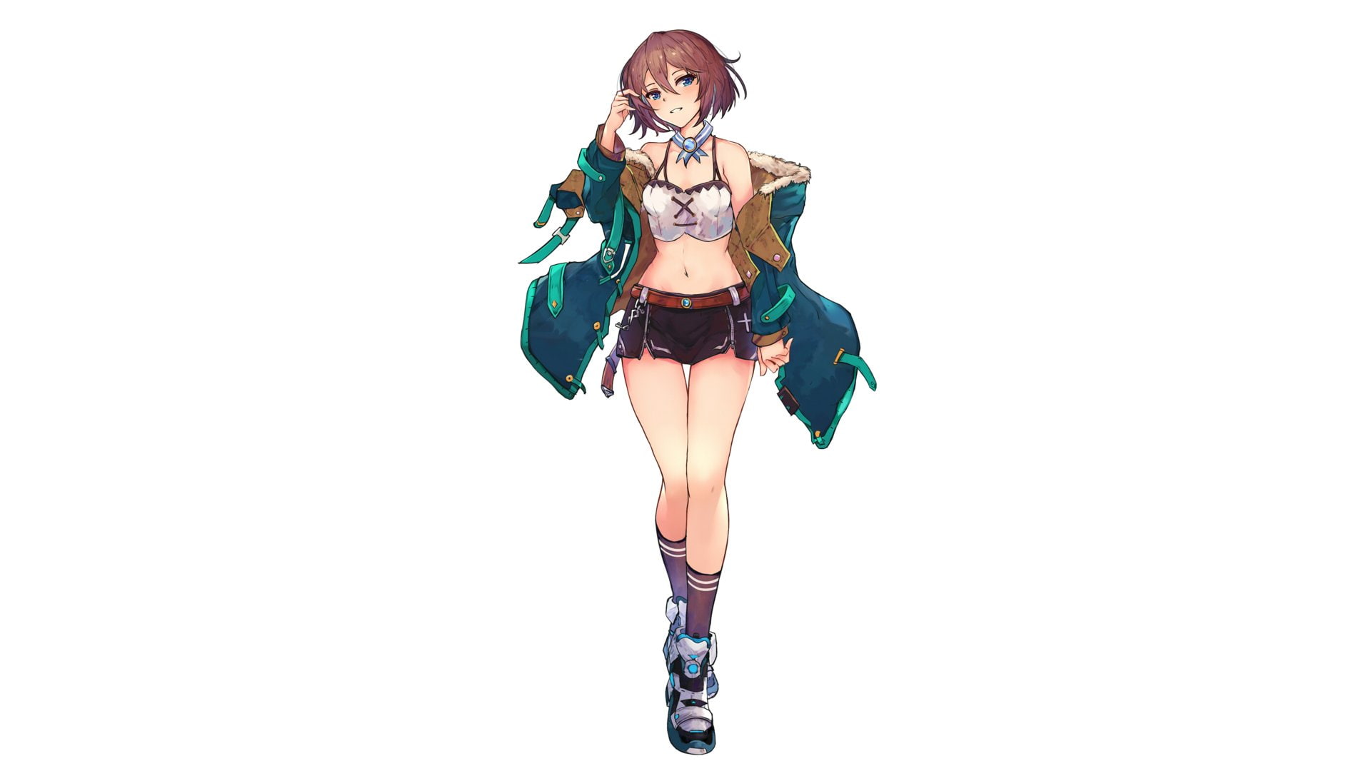 Socks, Brown Hair, Jacket, 1080P, Blanc (Hyperdimension Neptunia), Shorts, Video Game, Smile, Anime, Hyperdimension Neptunia, Blush, Blue Eyes, HD Wallpaper