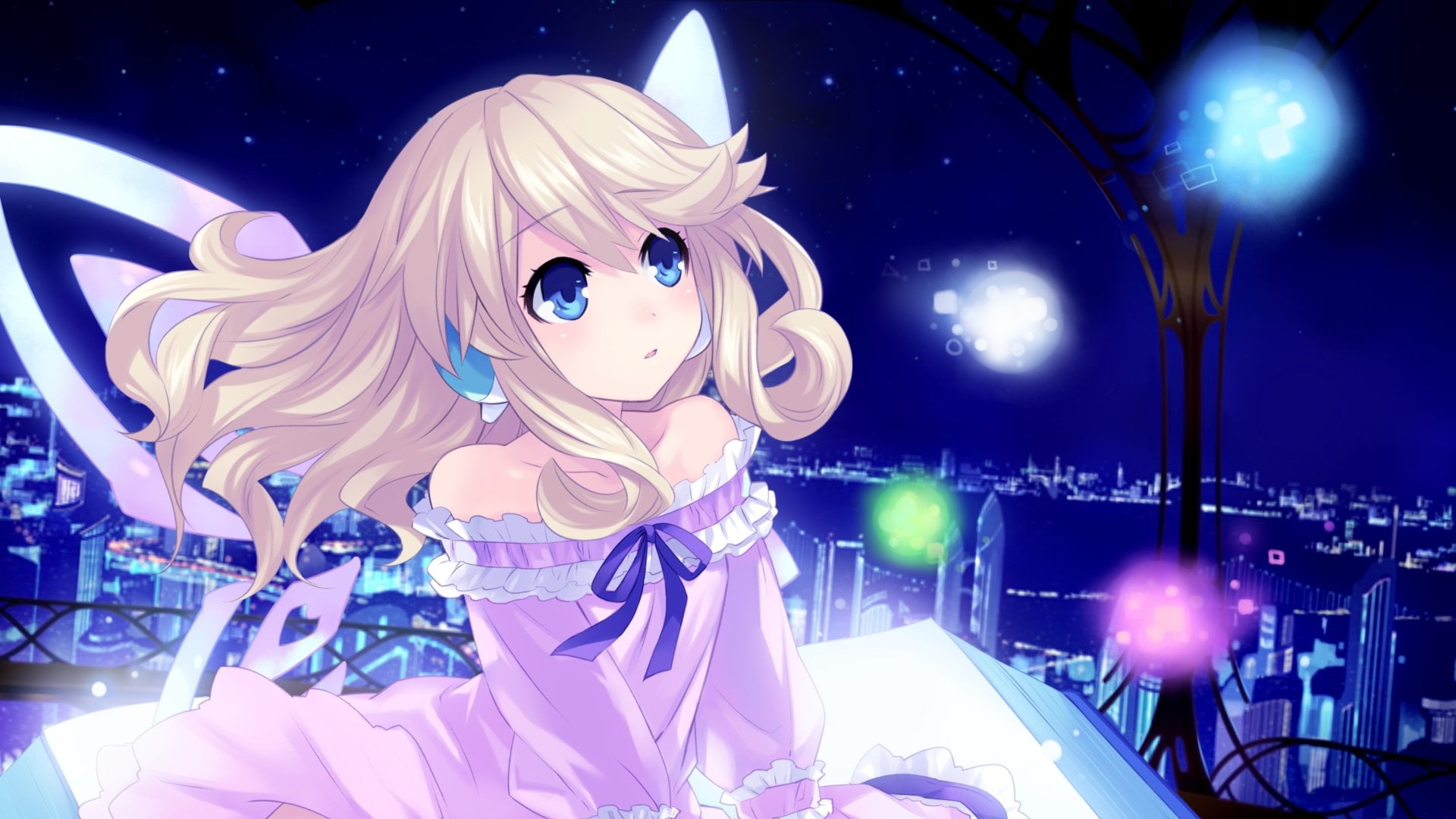 Anime, sculpture, lighting equipment, decoration, outdoors, Blue Eyes, amusement park, 1080P, Night, architecture, no people, amusement park ride, Histoire (Hyperdimension Neptunia), HD Wallpaper