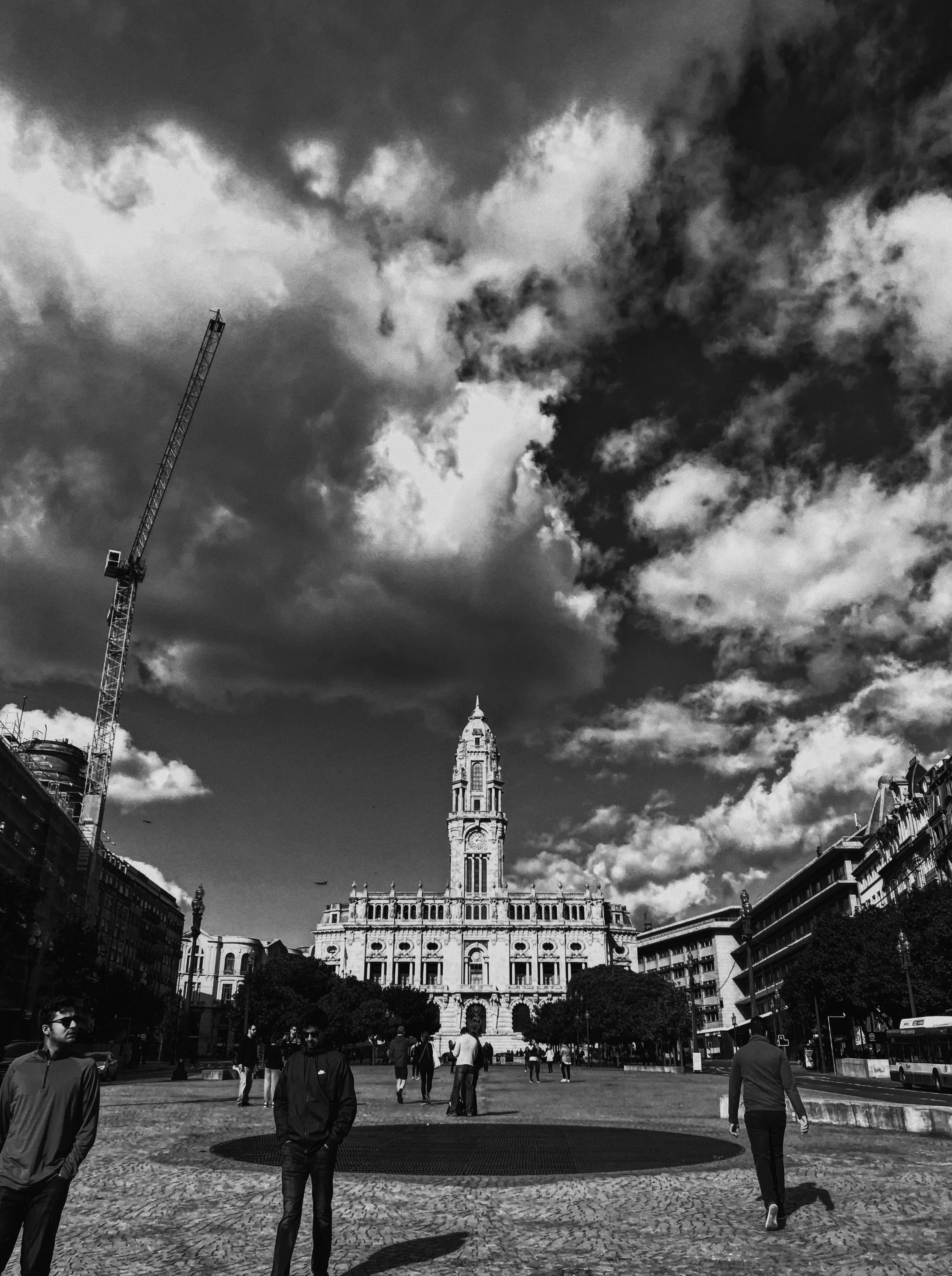 lifestyles, group of people, people, men, cloud - sky, travel destinations, built structure, aliados, sky, women, preto e branco, avenida dos aliados, outdoors, Phone HD Wallpaper