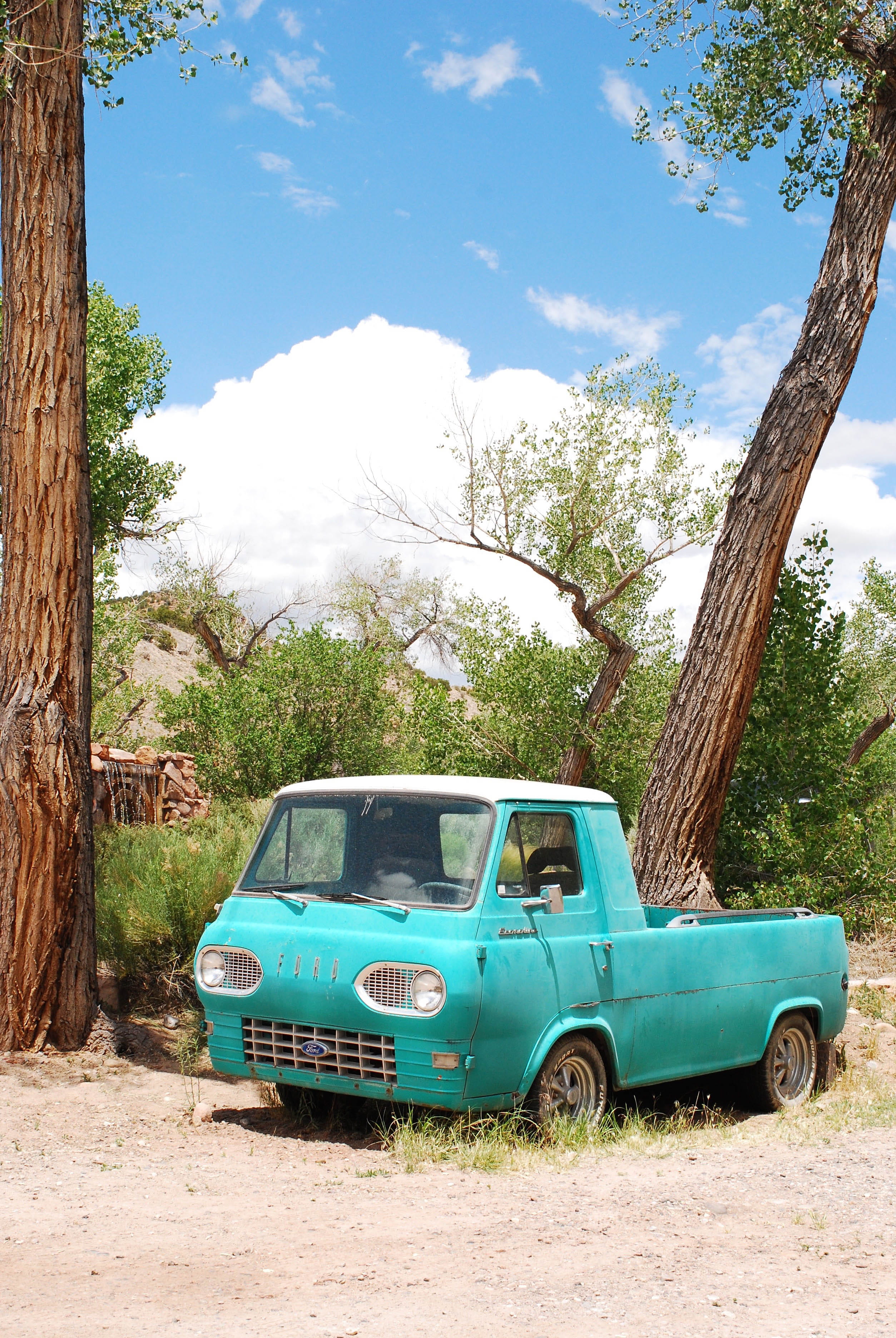 nature, mode of transportation, turquoise colored, tree, day, van, land vehicle, tree trunk, wanderlust, no people, land, united states, vintage, green color, Phone HD Wallpaper