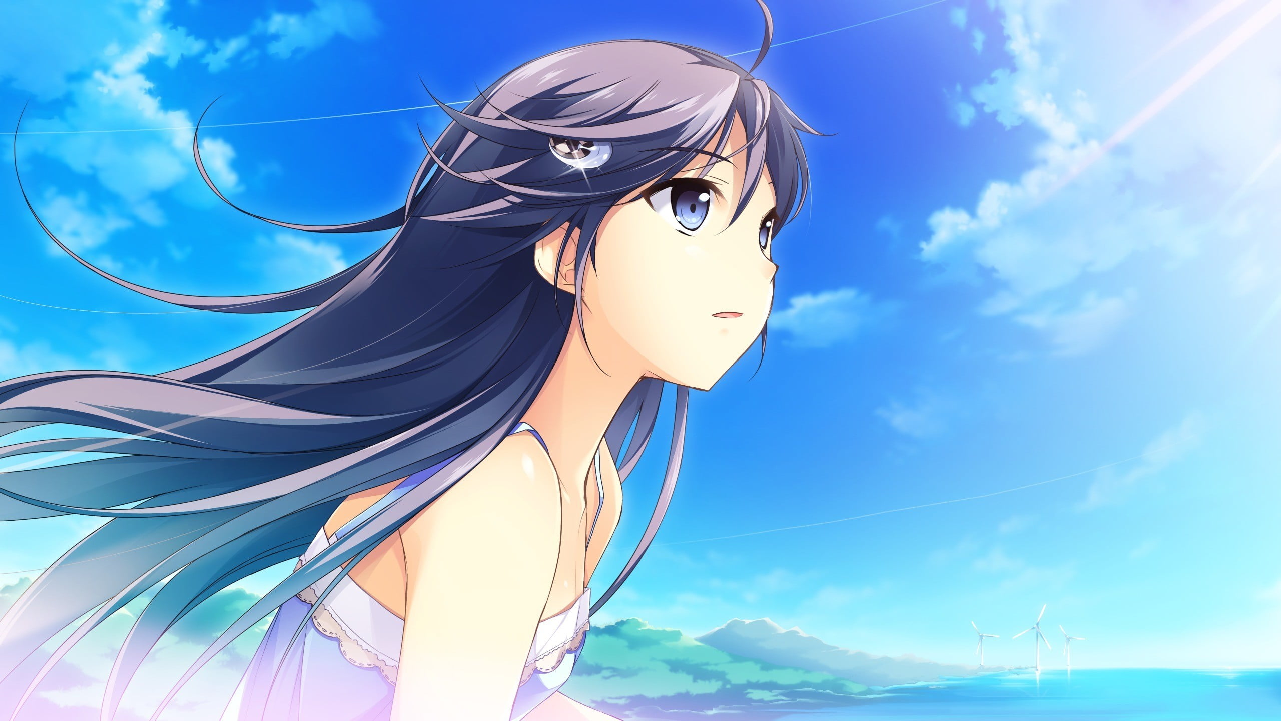 women, cloud - sky, mountain, hair, bare shoulders, sunlight, visual novel, 2K, blue eyes, anime girls, blue, young women, beauty in nature, beauty, young adult, HD Wallpaper