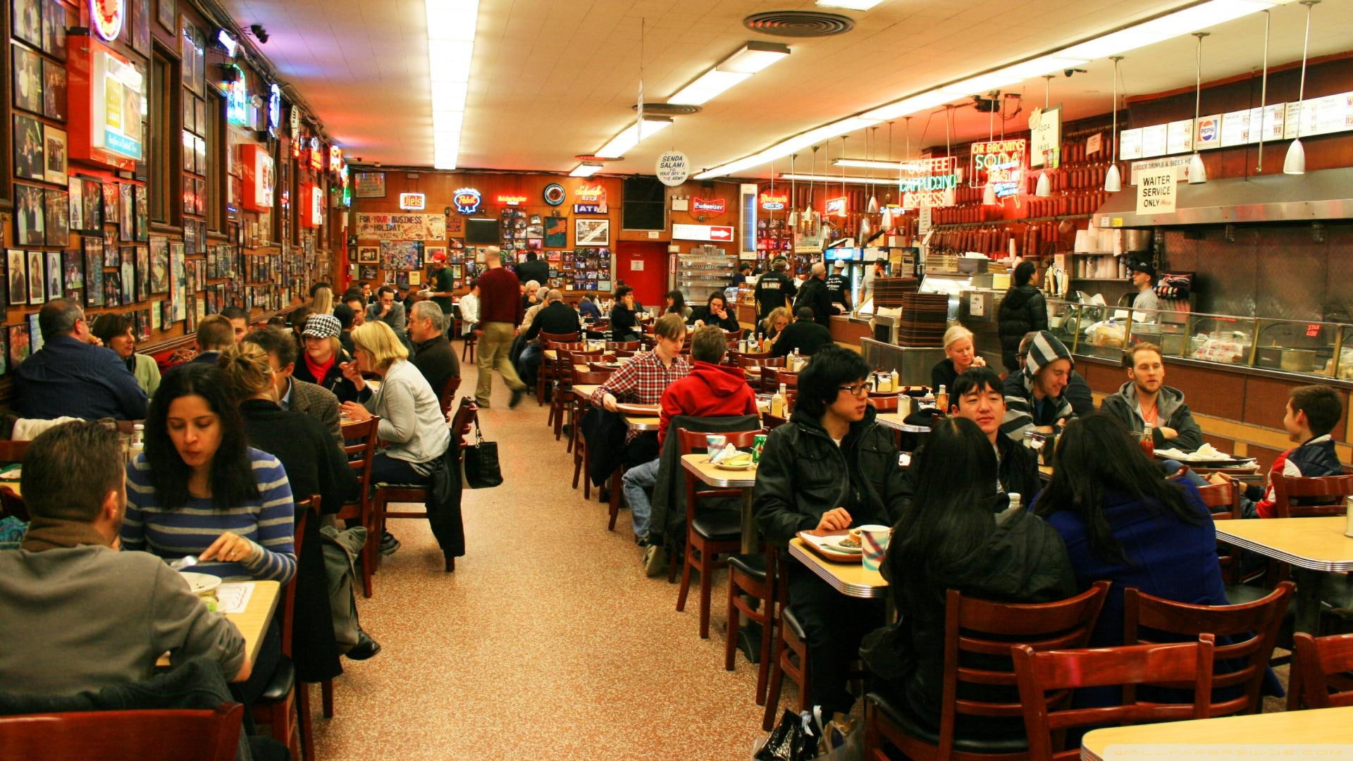 tavles, s, women, blue, sweater, best, white, katz, deli, stripe, nyc, nature and landscapes, seats, customers, 1080P, world, HD Wallpaper