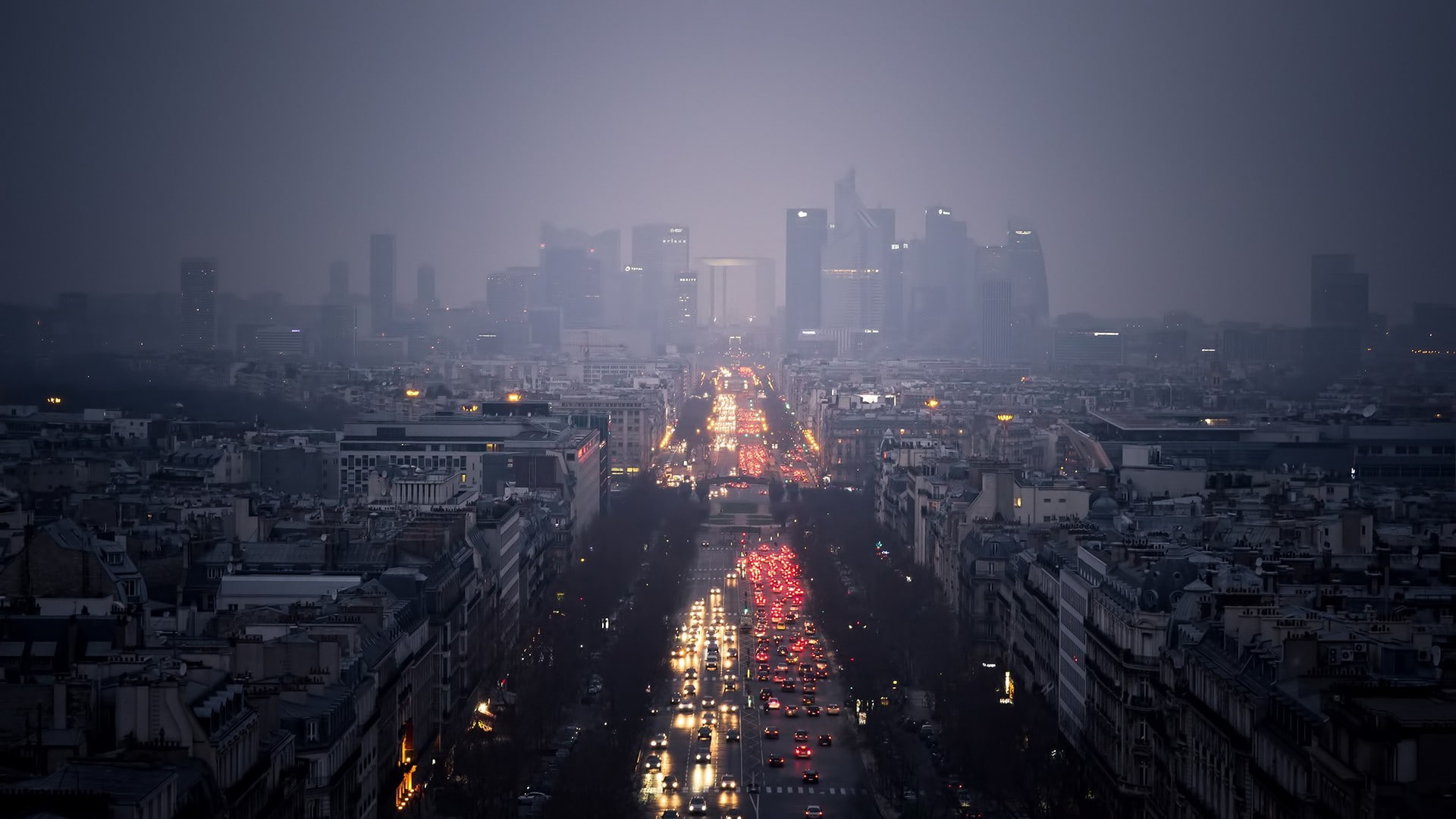 road, car, street, 1080P, La Défense, Paris, sky, mist, lights, La Defense Paris, city, cityscape, building, HD Wallpaper