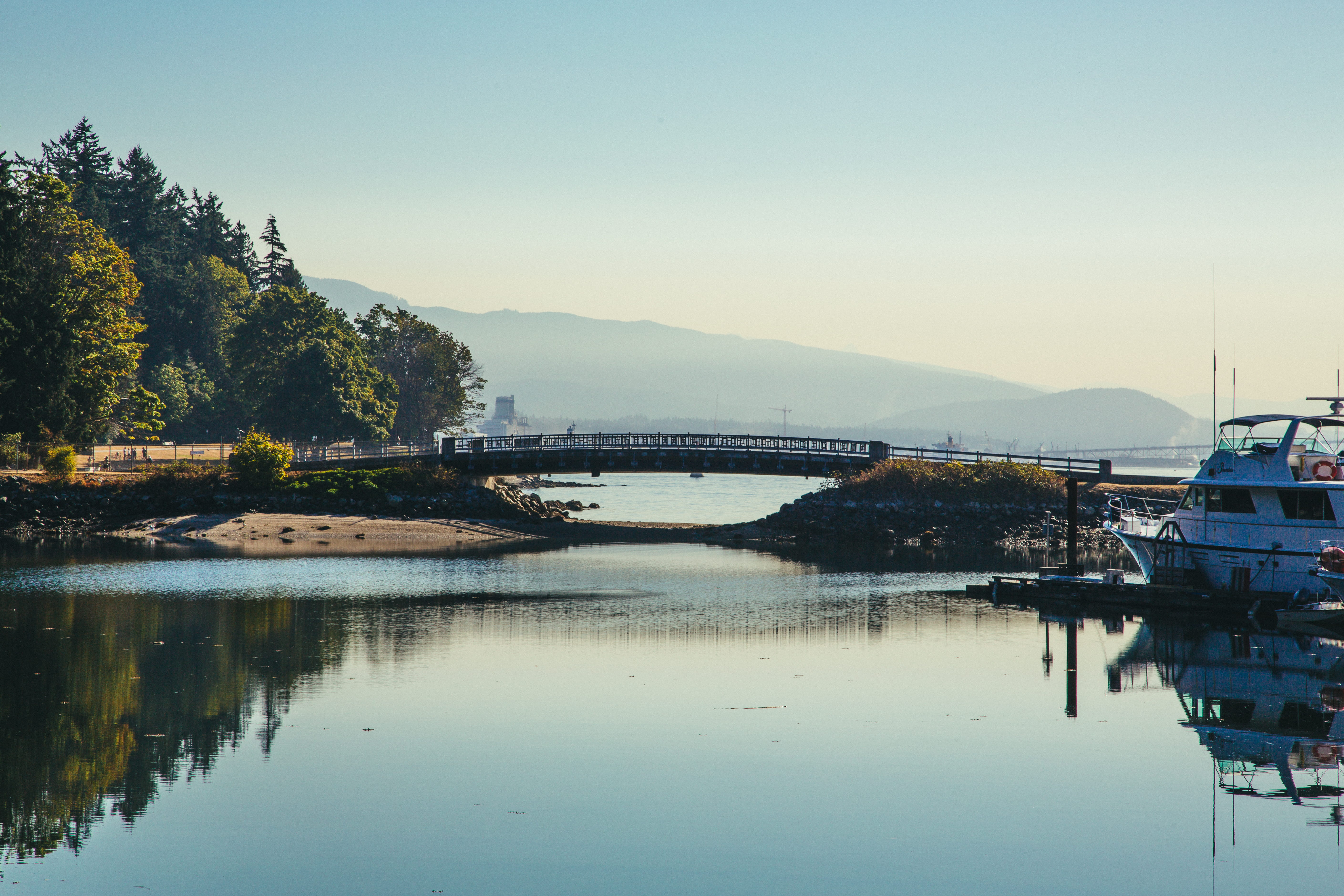 mountain, sea, built structure, clear sky, no people, boat, canada, vehicle, reservoir, sky, port, bridge, water, transportation, coal harbour, arch bridge, HD Wallpaper