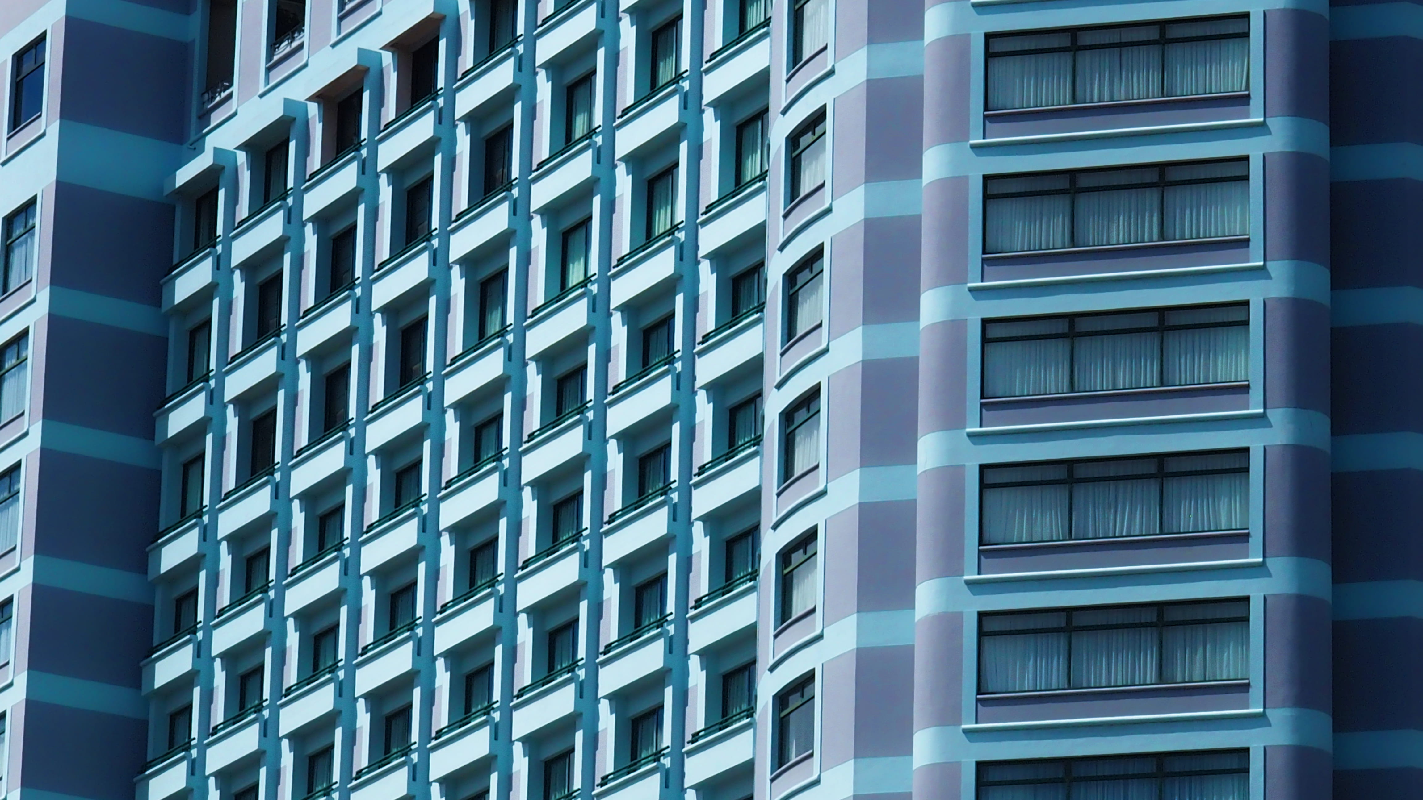 blue, pastelle tones, 4K, glass - material, pastelle, apartment 42 nguyen hue, purple, no people, hotel, saigon, diagonal lines, outdoors, lines, ho chi minh city, HD Wallpaper