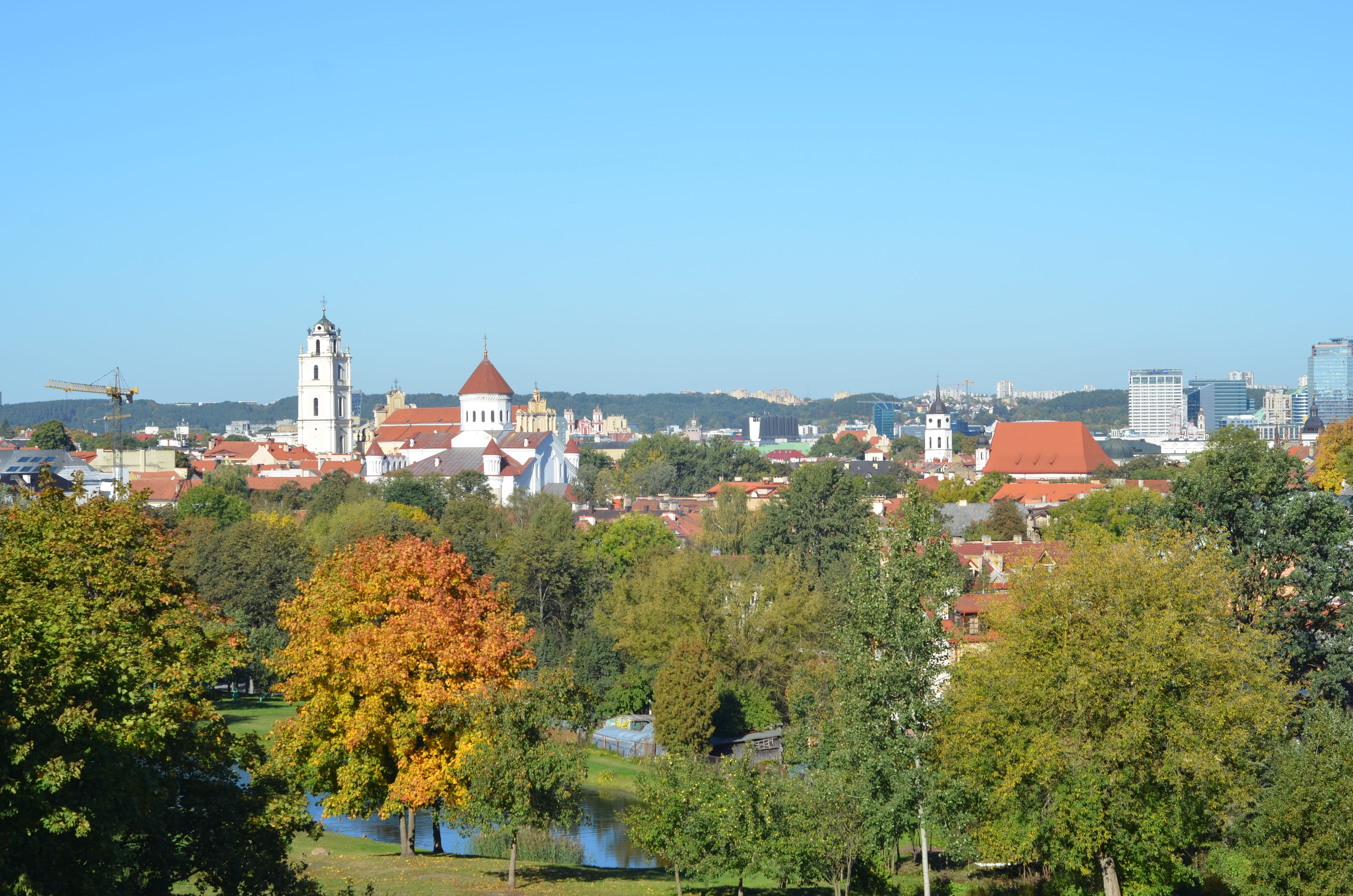 sky, lithuania, autumn, residential district, old, building, plant, architecture, sunny, church, landscape, 4K, cityscape, no people, outdoors, old town, HD Wallpaper