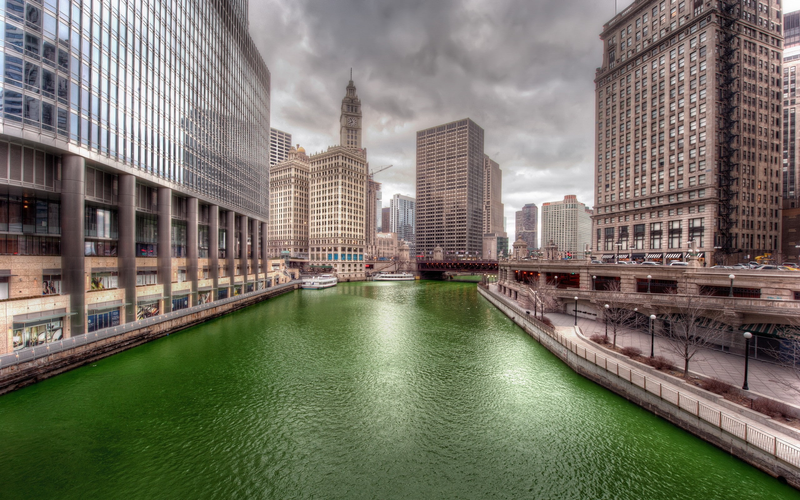 2K, HDR, cityscape, Chicago, clouds, river, building, HD Wallpaper
