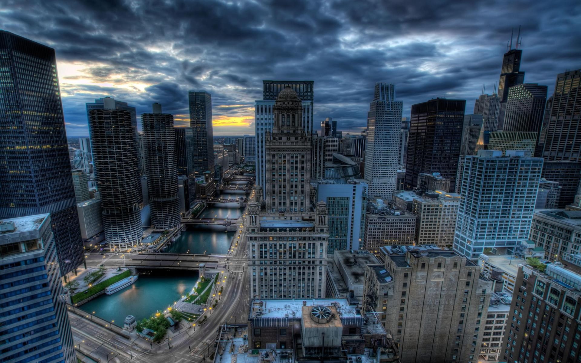 city, clouds, 1080P, HDR, skyscraper, bridge, building, sunset, Chicago, USA, cityscape, road, river, HD Wallpaper