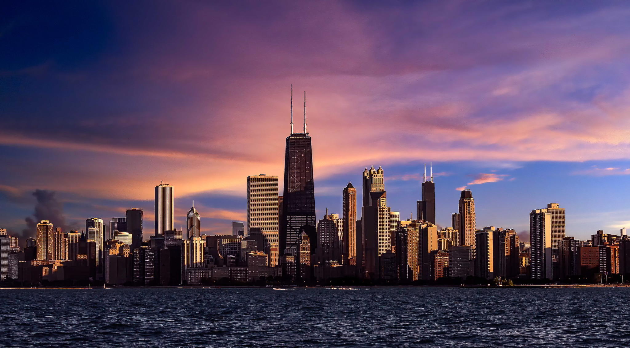 1080P, skyscrapers, Chicago, sunset, the evening, the city, river, Il, HD Wallpaper