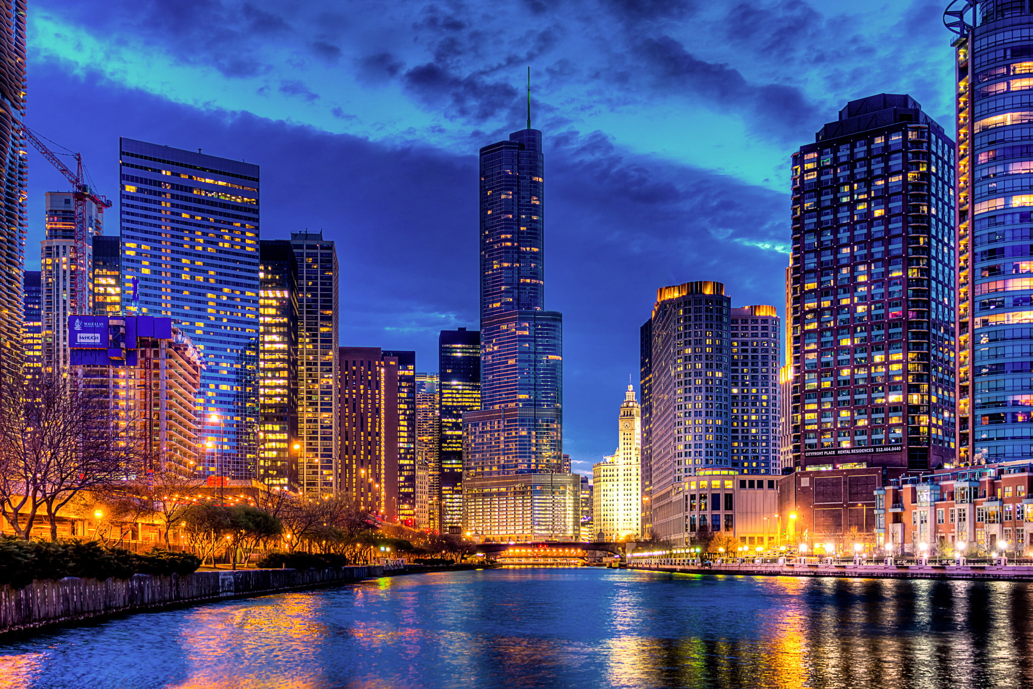 Il, building, skyscrapers, lights, Streeterville, Chicago, river, Trump Tower, light, 1080P, reflection, Illinois, USA, home, the city, tower, the evening, HD Wallpaper