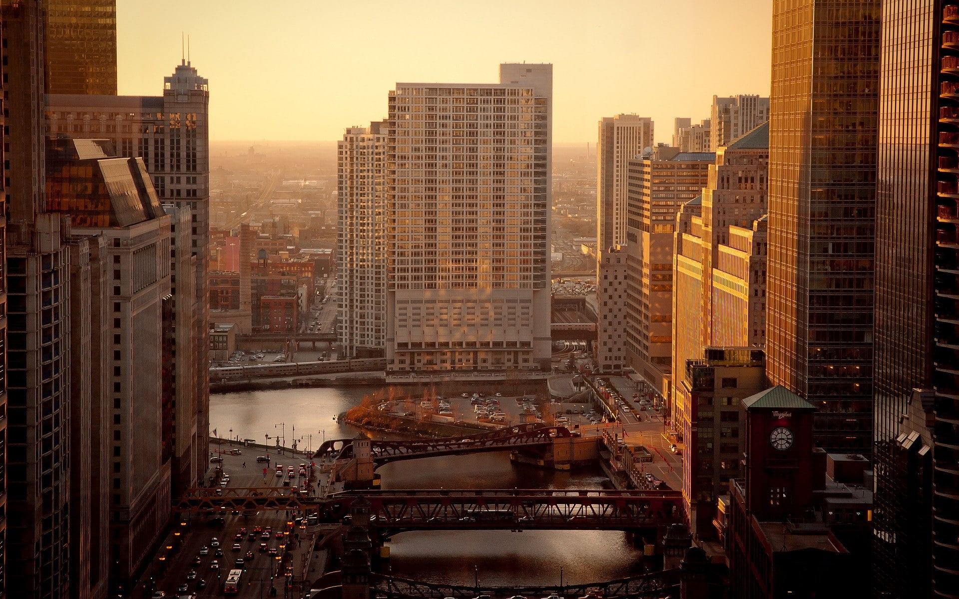 usa, river, sunrise, white, chicago, bridge, high, city, road, 1080P, rise, cityscape, building, HD Wallpaper