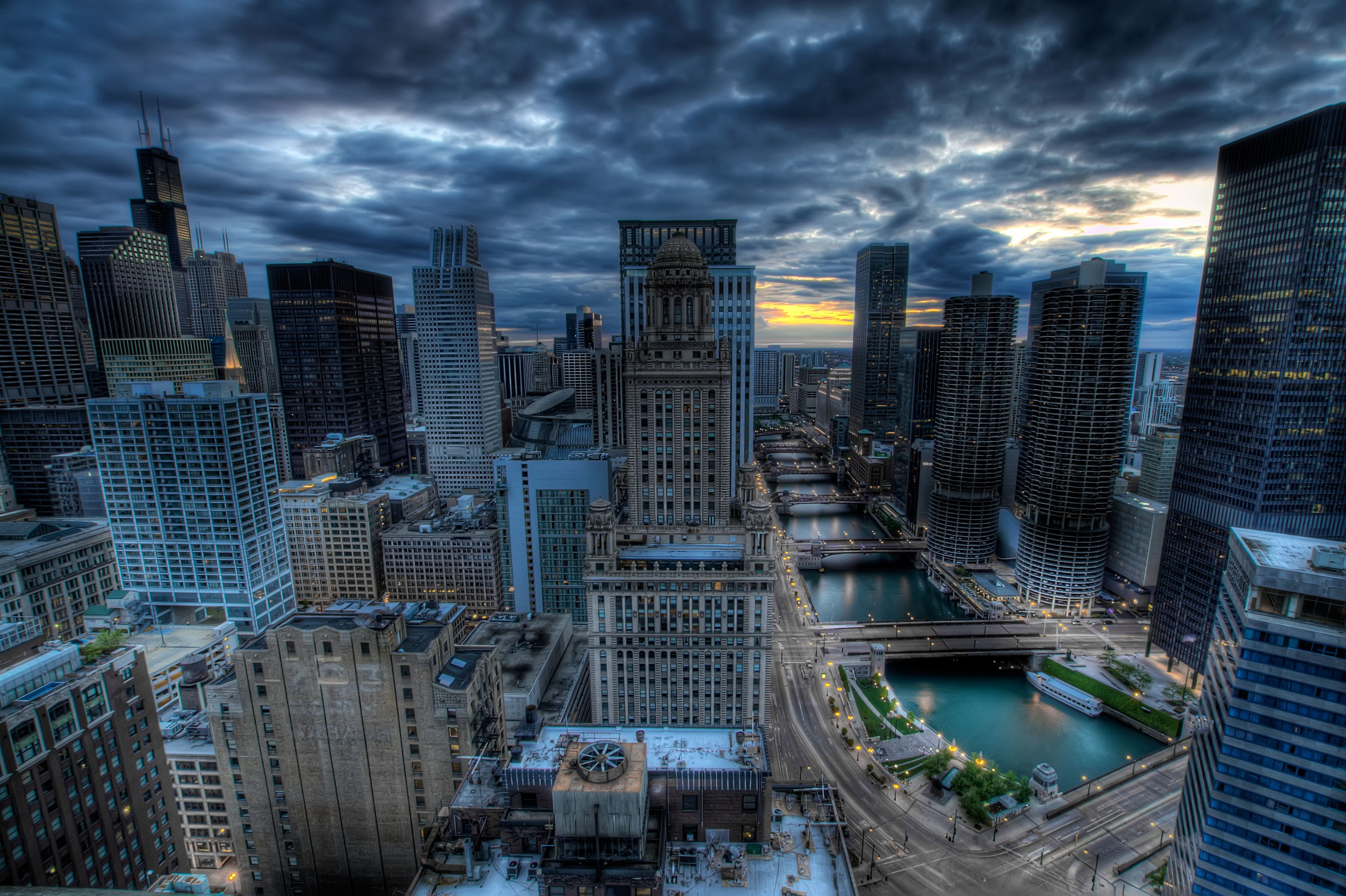 financial District, river, skyscraper, dusk, modern, cloud - sky, city, night, building Exterior, building, built Structure, landscape, illuminated, famous Place, HD Wallpaper