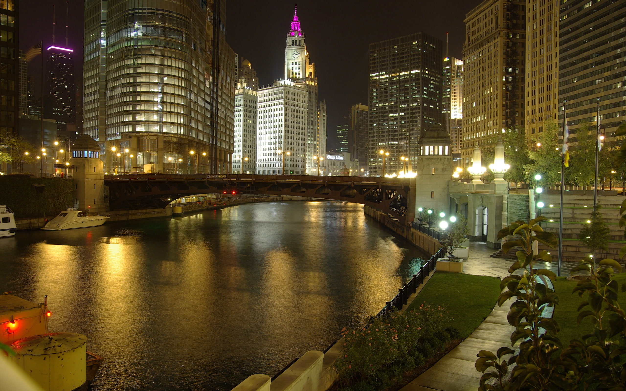 sua, boat, illinois, USA, lights, building, view, Chicago, 2K, night, river, HD Wallpaper