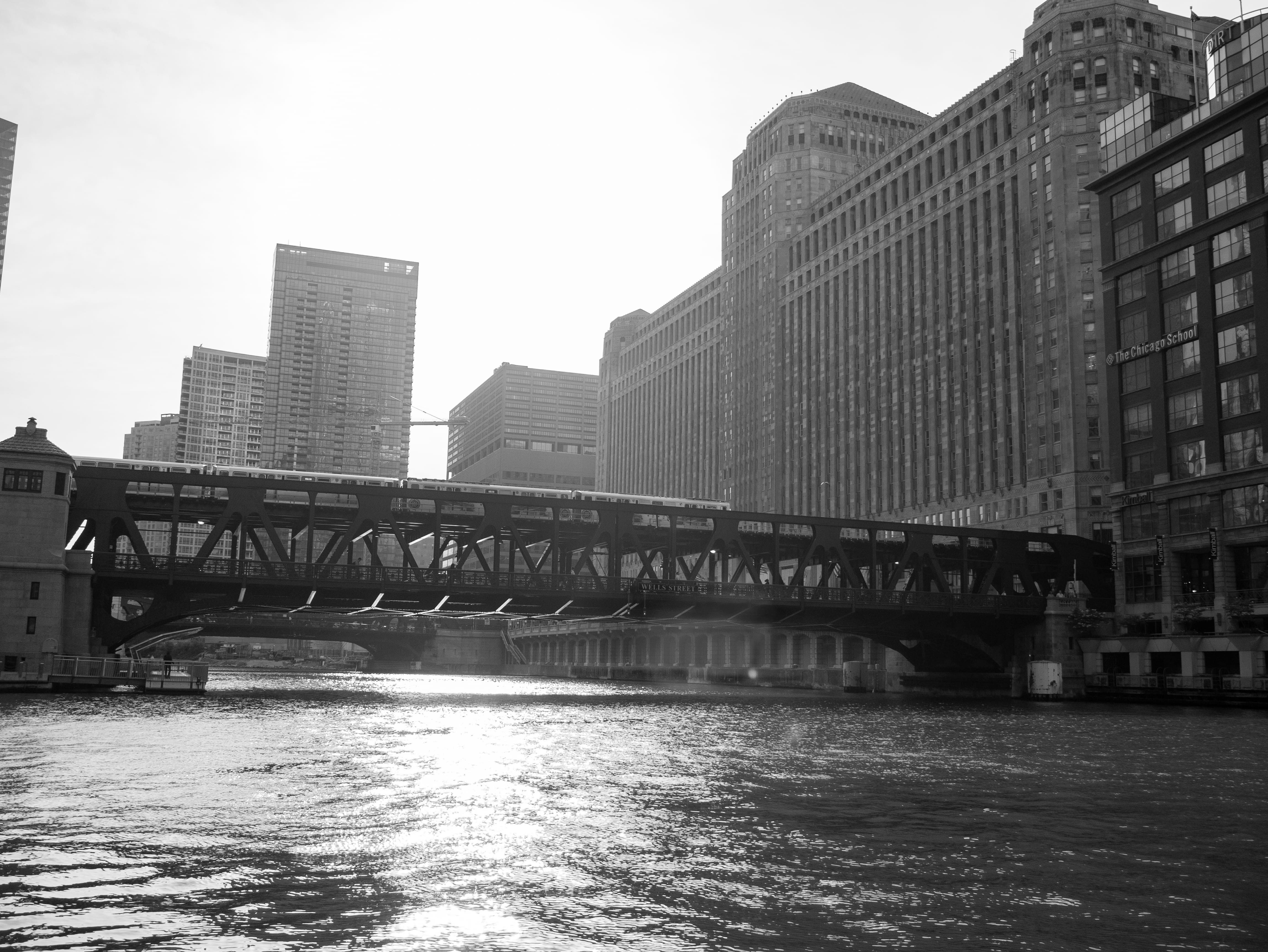 no people, sunny, skyscraper, chicago riverwalk, bridge - man made structure, water, river, city, building exterior, train, black and white, united states, HD Wallpaper