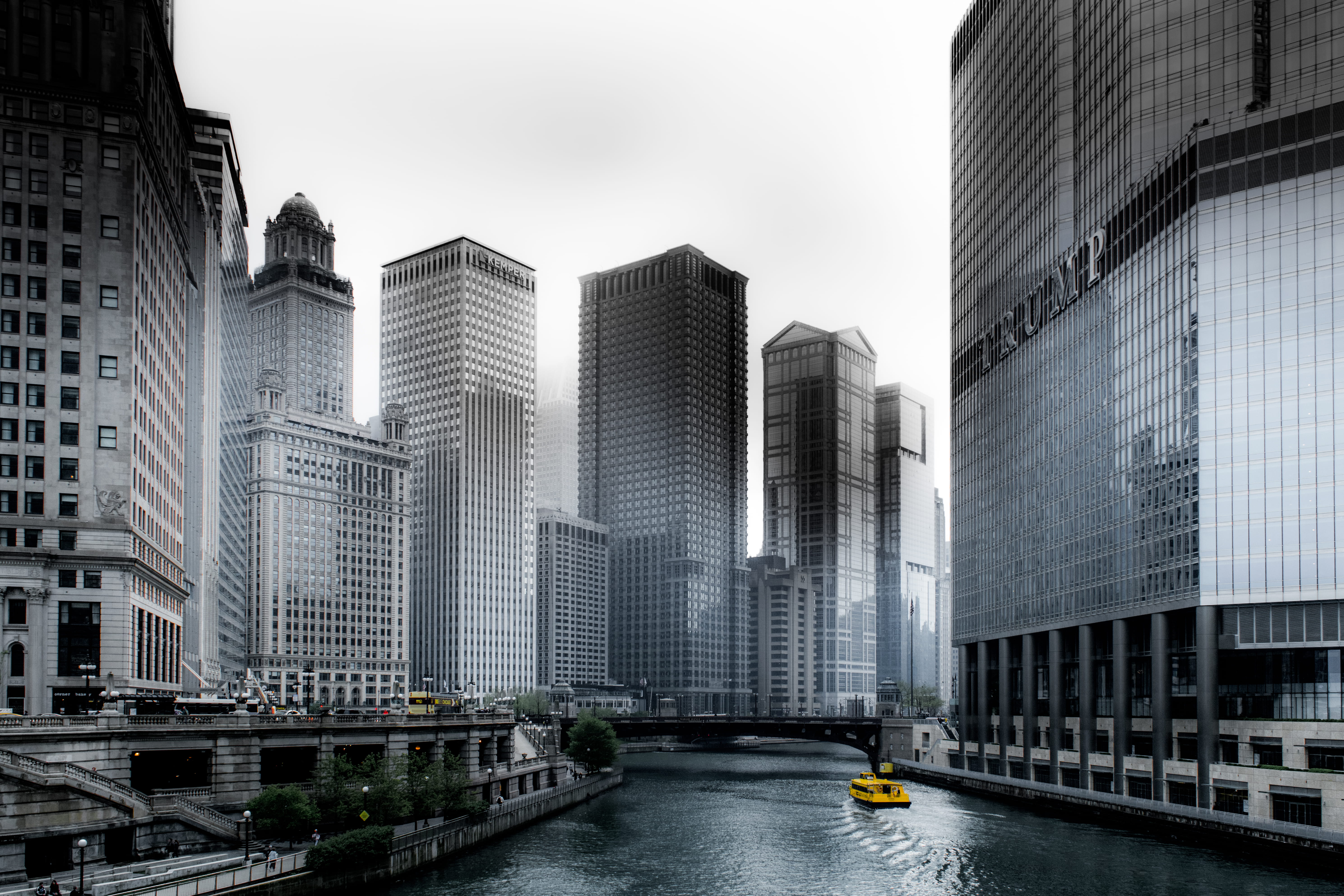 office building exterior, transportation, 5K, buildings, selective color, glass items, skyline, modern, built structure, boat, bridge - man made structure, HD Wallpaper