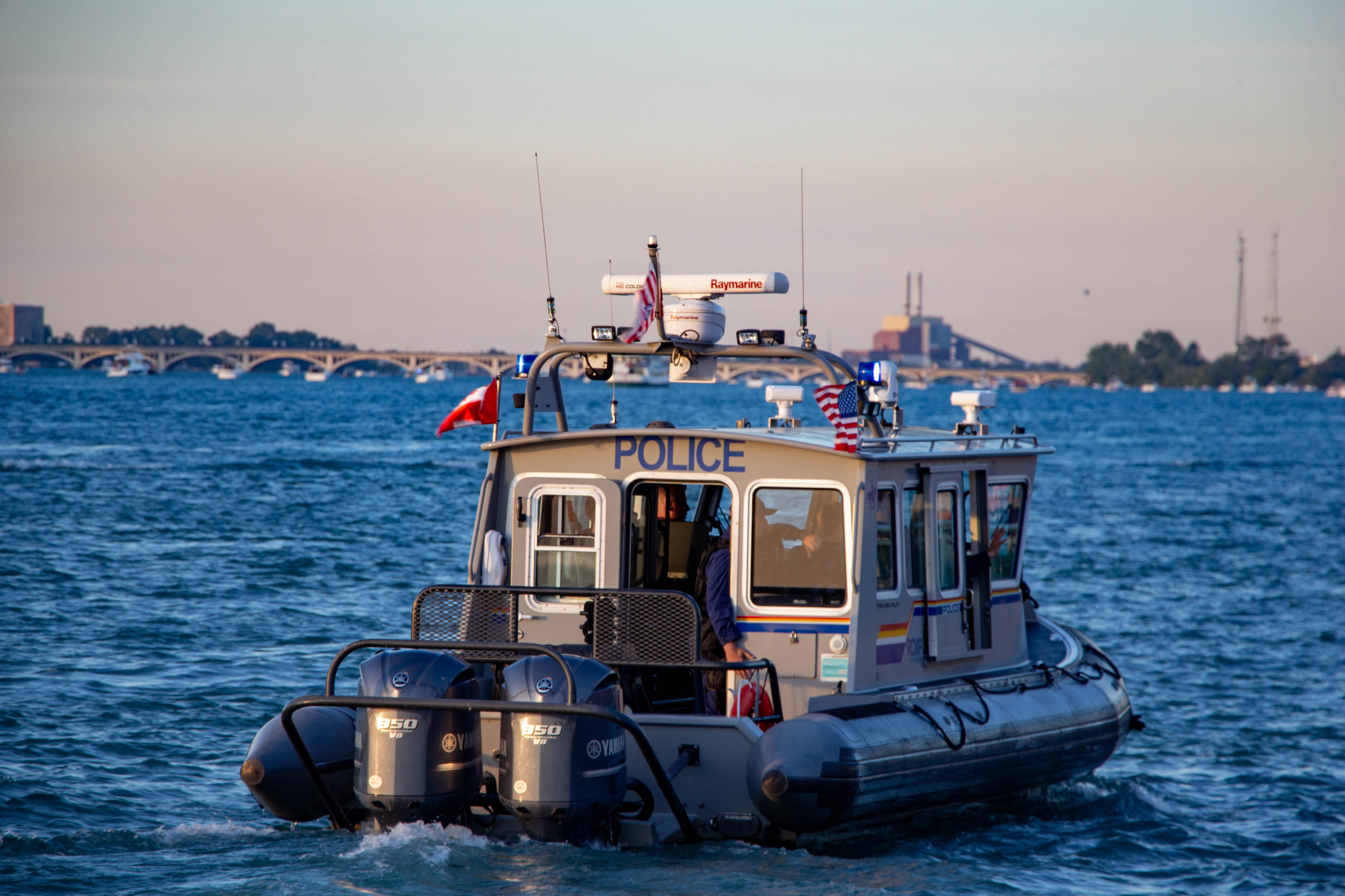 detroit, canada, passenger craft, outdoors, boat, motion, 5K, mode of transportation, sunset, coast guard, united states, bridge, horizon over water, usa, HD Wallpaper