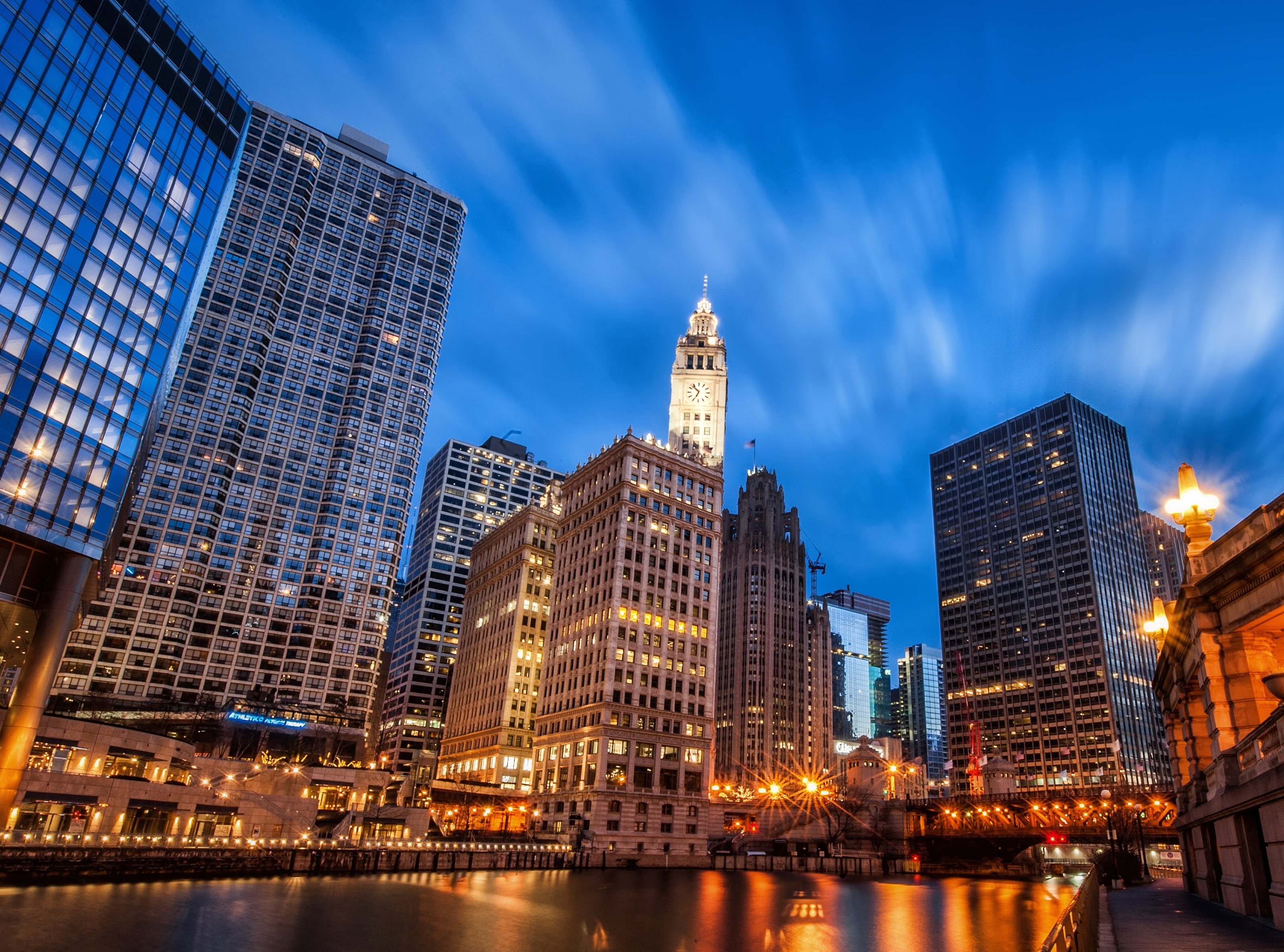 United States, riverwalk, Lights, Travel, Building, City, longexposure, TribuneTower, Illinois, unitedstates, River, Architecture, Wrigley, Urban, 2K, HD Wallpaper
