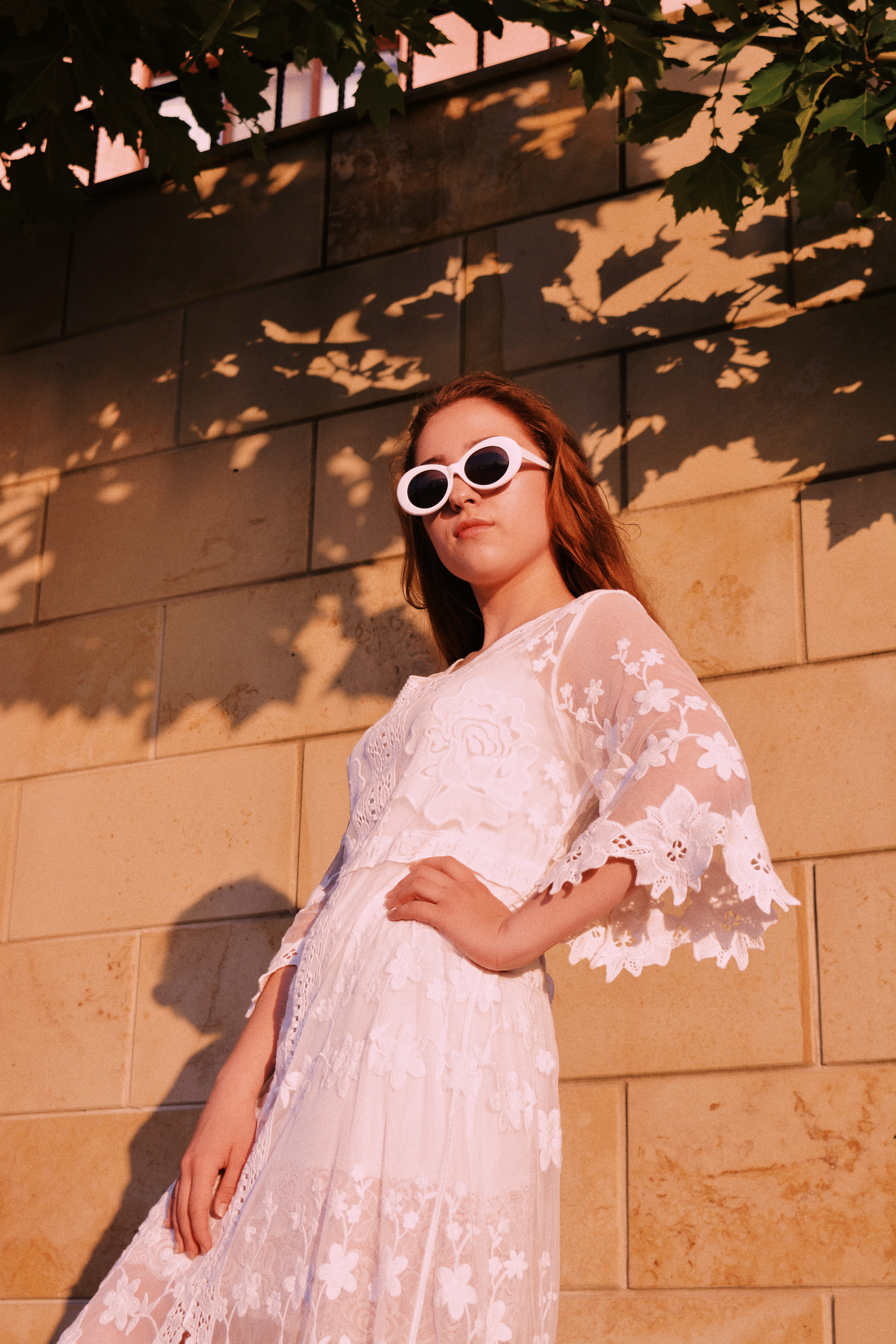 ginger, portrait, red hair, brick wall, bride, brick, outdoors, sunlight, young women, one person, 5K, sunshine, red head, female, hairstyle, floral, sun, Phone HD Wallpaper