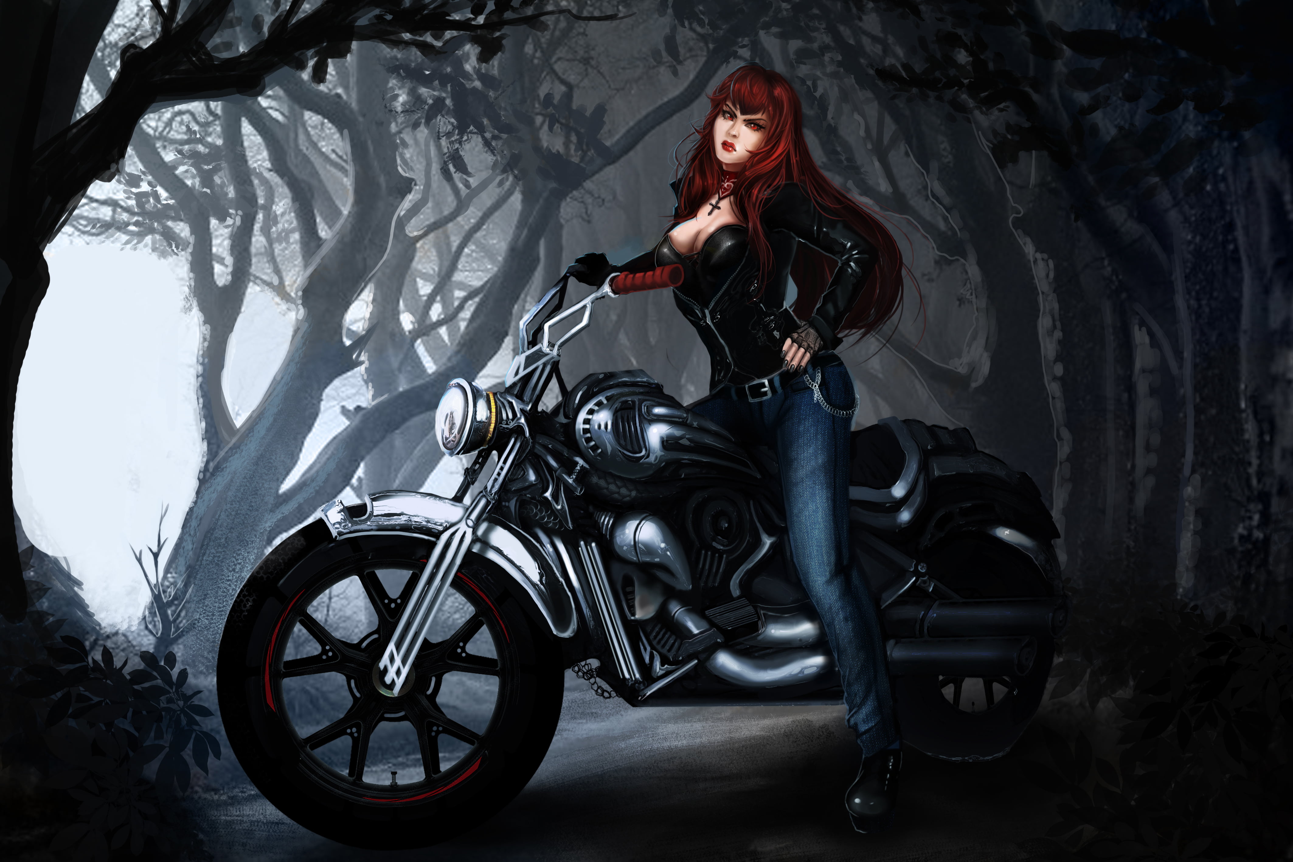 real people, girl, women, bike, jeans, transportation, looking at camera, full length, woman, riding, illustration, vampire queen, front view, young adult, HD Wallpaper