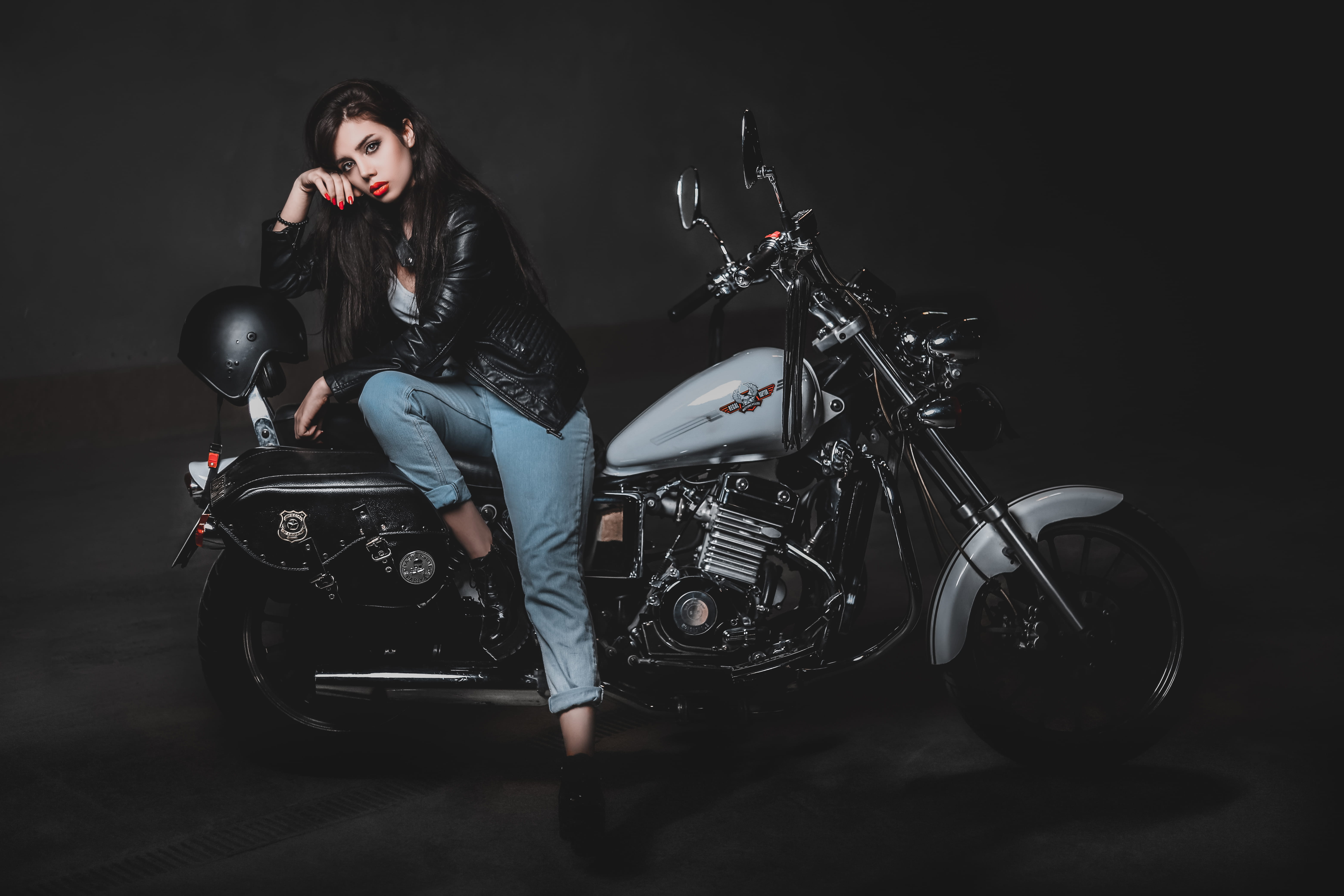 black, black background, adult, marelcam, mode of transportation, motor, beauty, clothing, portrait, hair, cruiser, crash helmet, jacket, biker, fashion portrait, HD Wallpaper