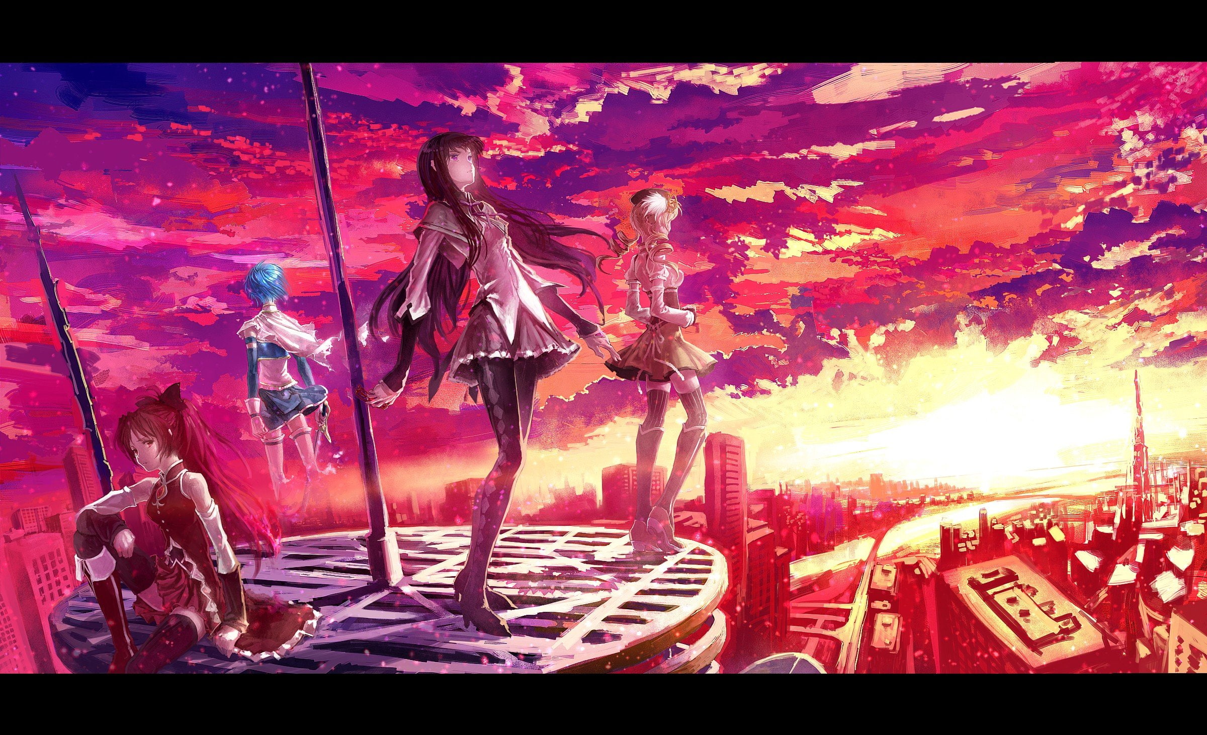 skyscapes, highs, eyes, scenic, dress, sayaka, madoka, miki, black, anime, mami, shoujo, redheads, thigh, girls, long, kyouko, 1080P, short, sunset, blue, HD Wallpaper