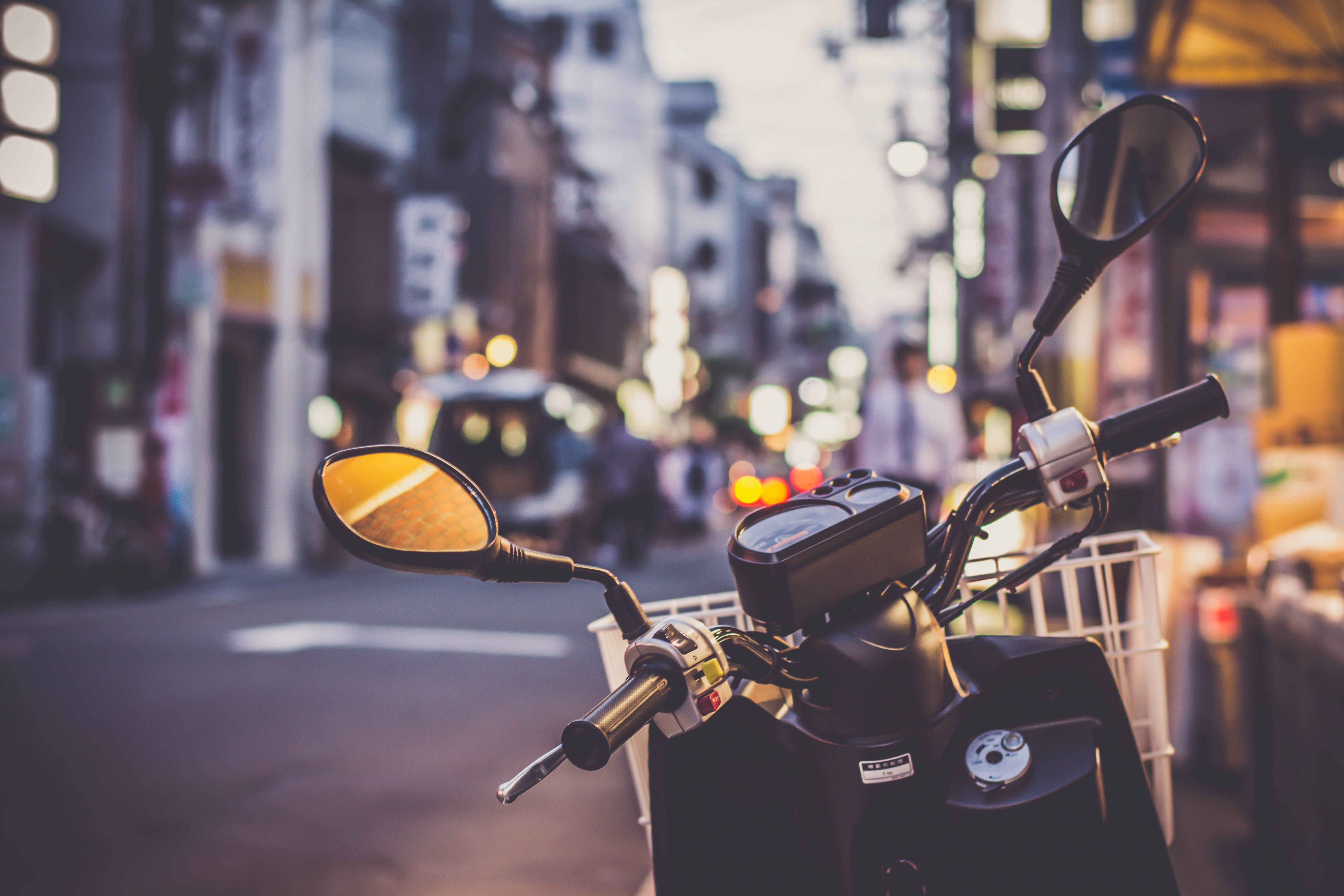 transportation, urban, kyoto, car, steetscape, mode of transportation, no people, building exterior, 5K, focus on foreground, scooter, town, japan, close-up, HD Wallpaper