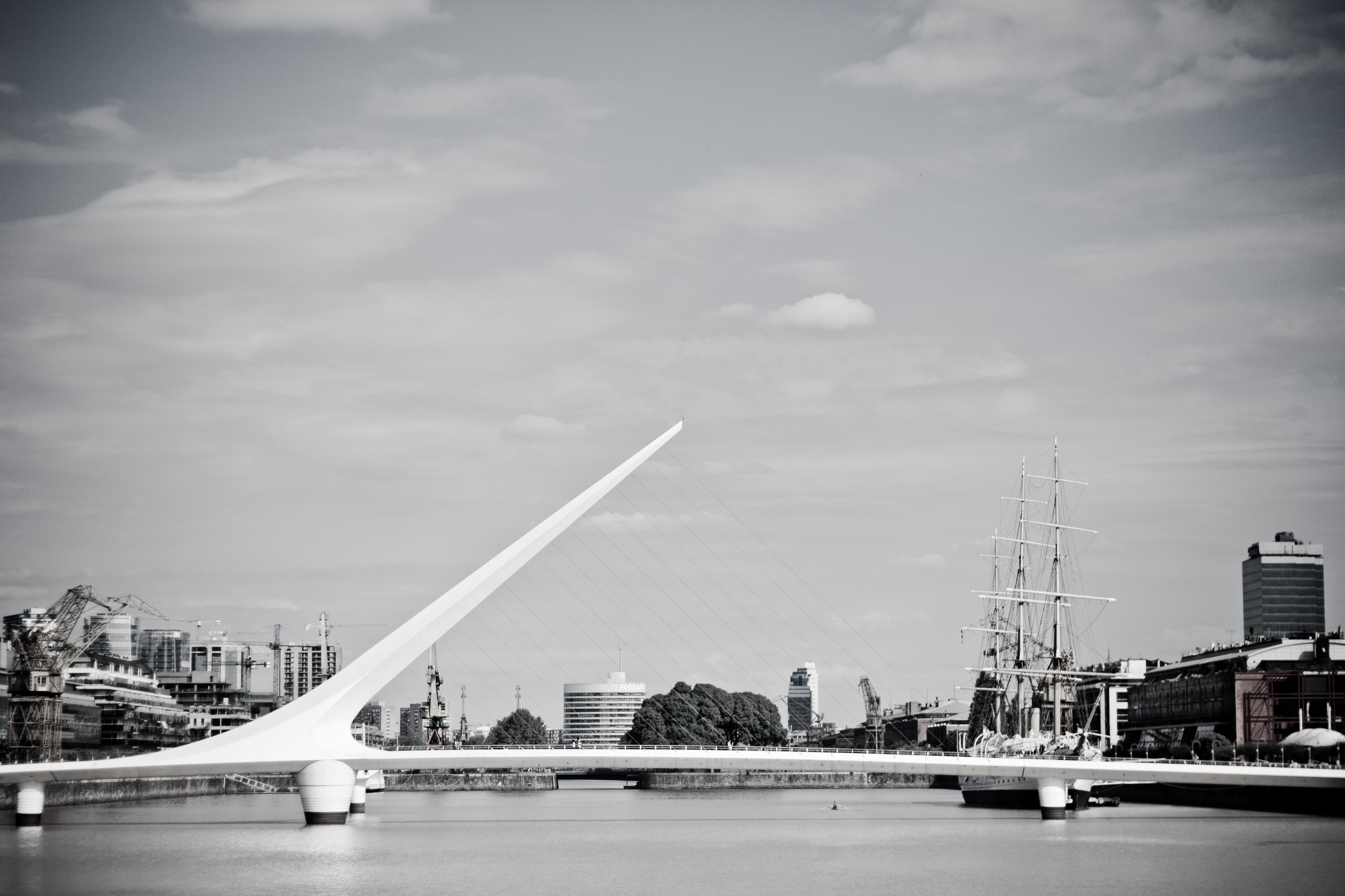 modern bridge, bridge sailing ship, waterfront, water, bridge - man made structure, travel, built structure, bridge, building, monochrome, modern, day, HD Wallpaper