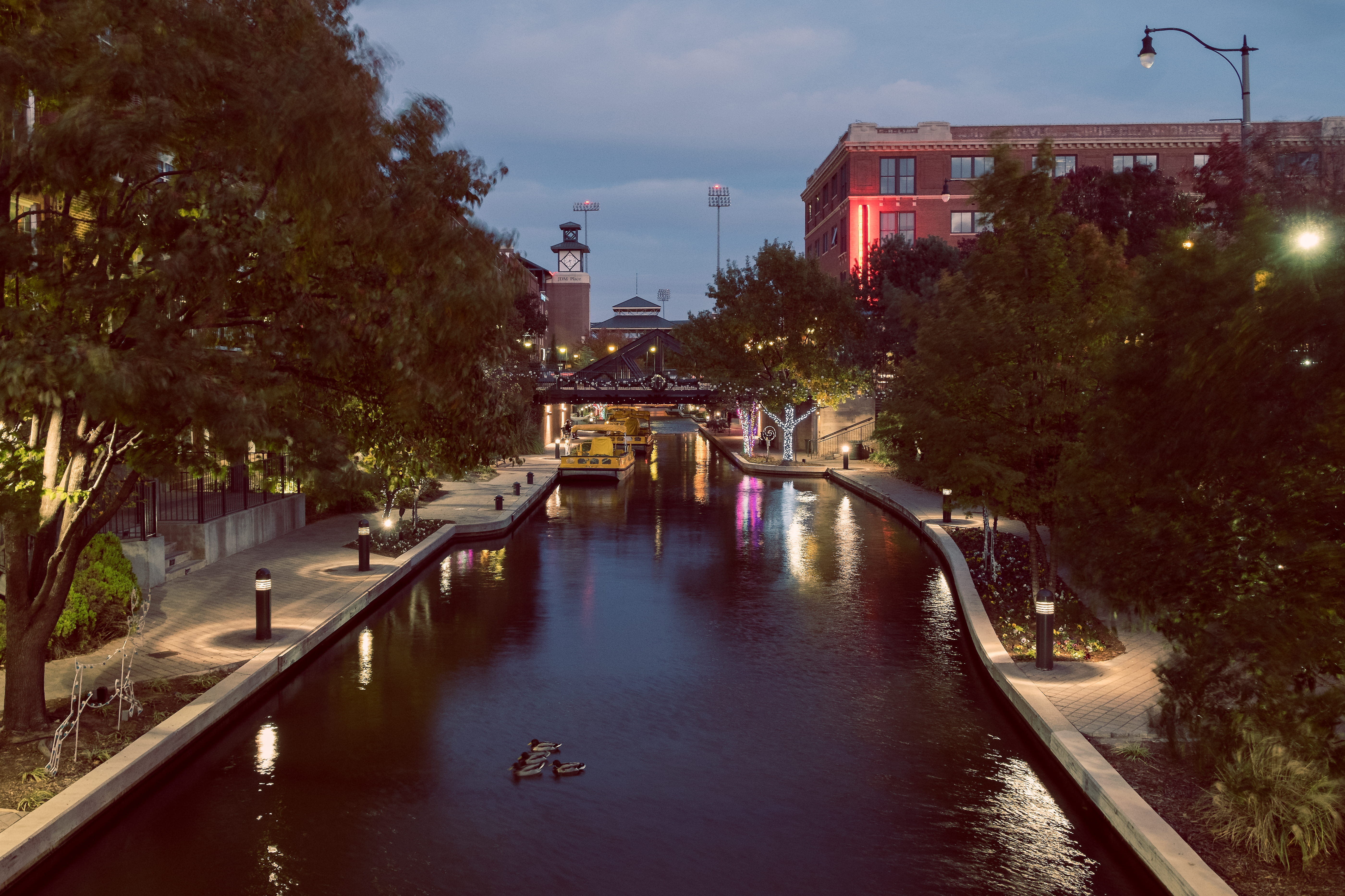 built structure, nature, okc, dusk, bridge - man made structure, oklahoma, plant, architecture, united states, 5K, serene, lights, canal, building exterior, HD Wallpaper