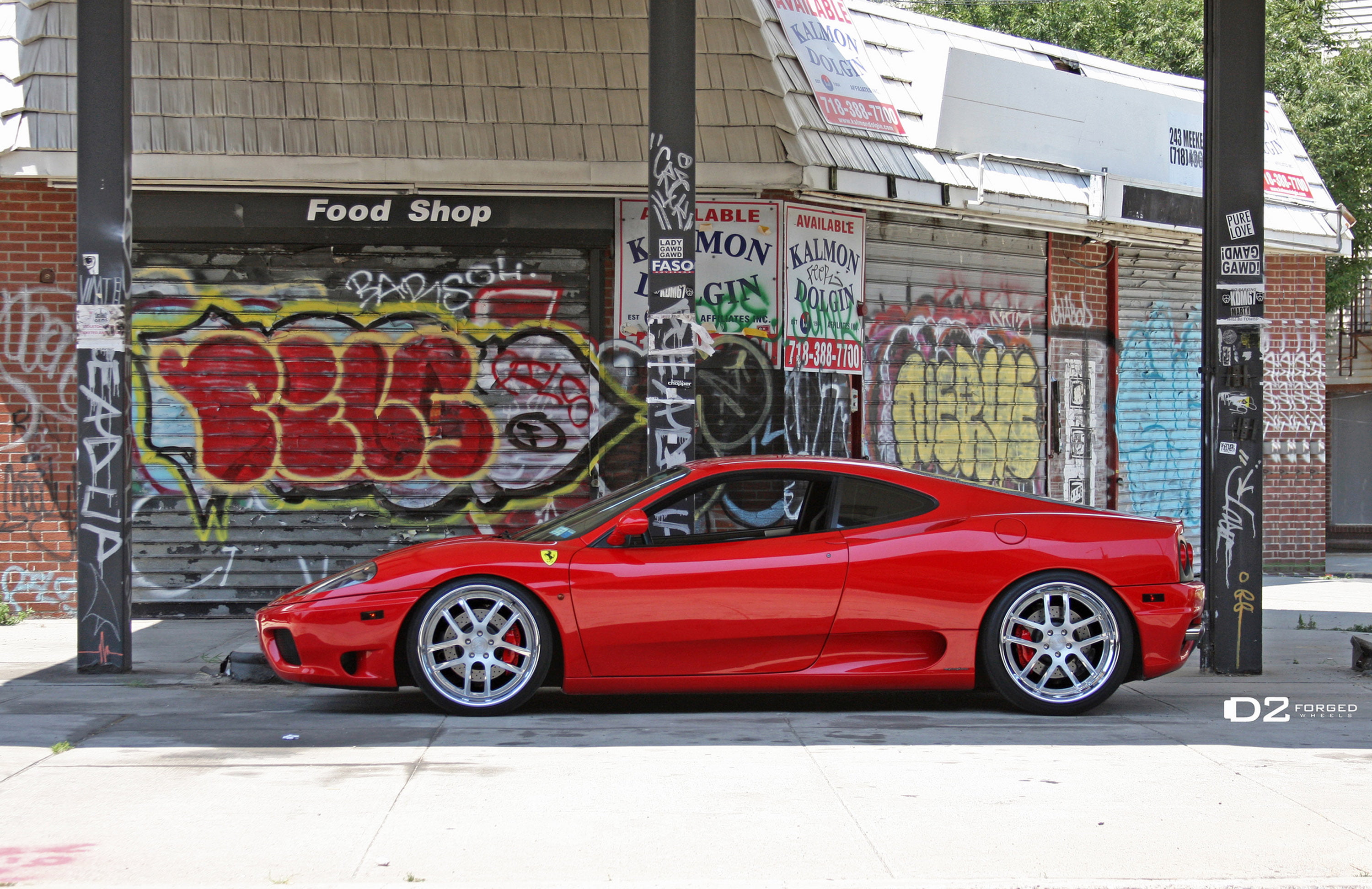 outdoors, street, 2K, built structure, mural, fms 08, supercars, day, 2012, city, road, transportation, creativity, car, 360, western script, red, d2forged, HD Wallpaper