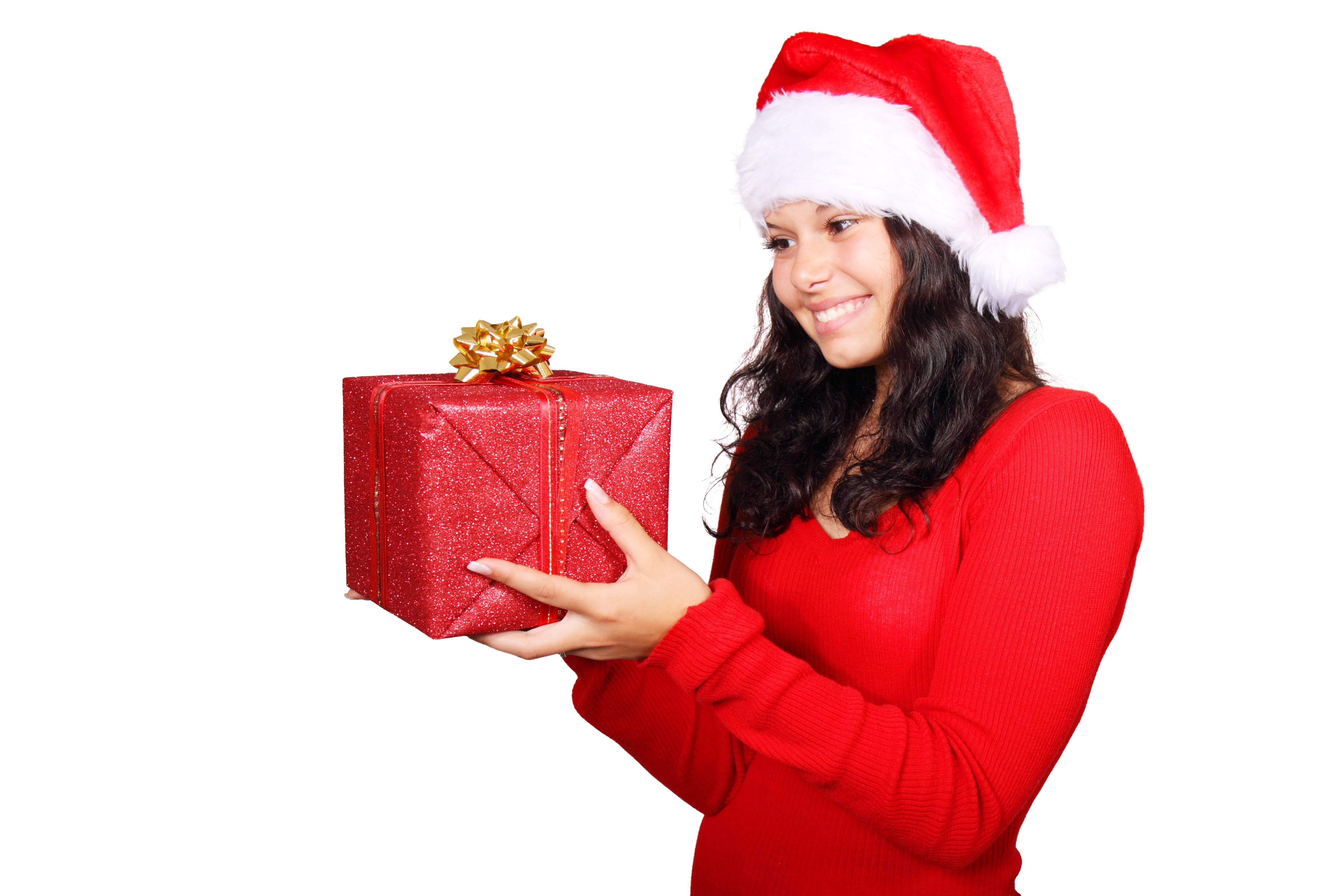 hat, cut out, young, isolated, smile, box - container, gift, happy, woman, christmas, portrait, positive emotion, studio shot, adult, celebration, women, HD Wallpaper