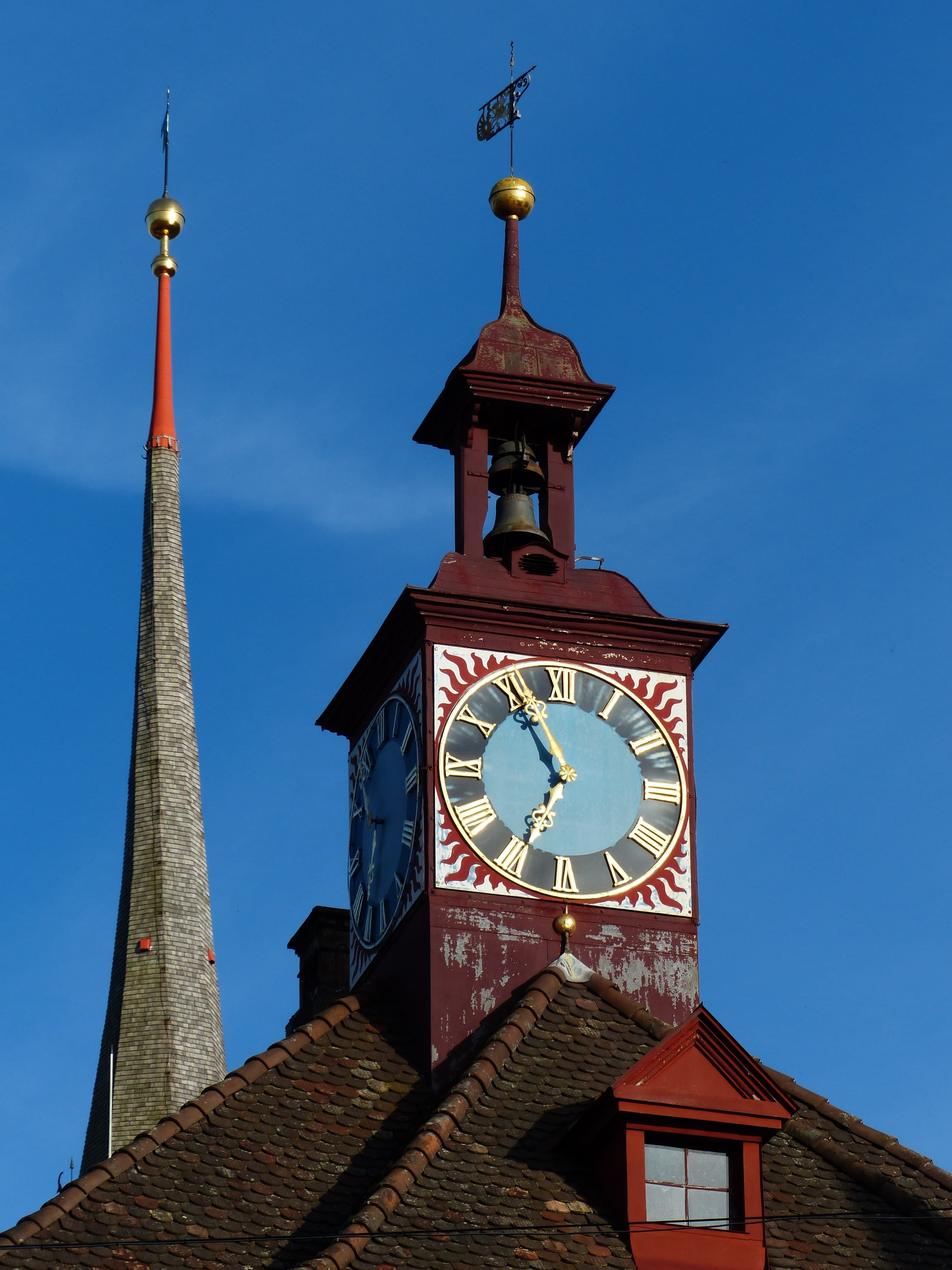blue, roof, time indicating, building exterior, minute hand, roman numeral, spire, Clock, clock tower, travel destinations, tower, stein am rhein, Time, Phone HD Wallpaper