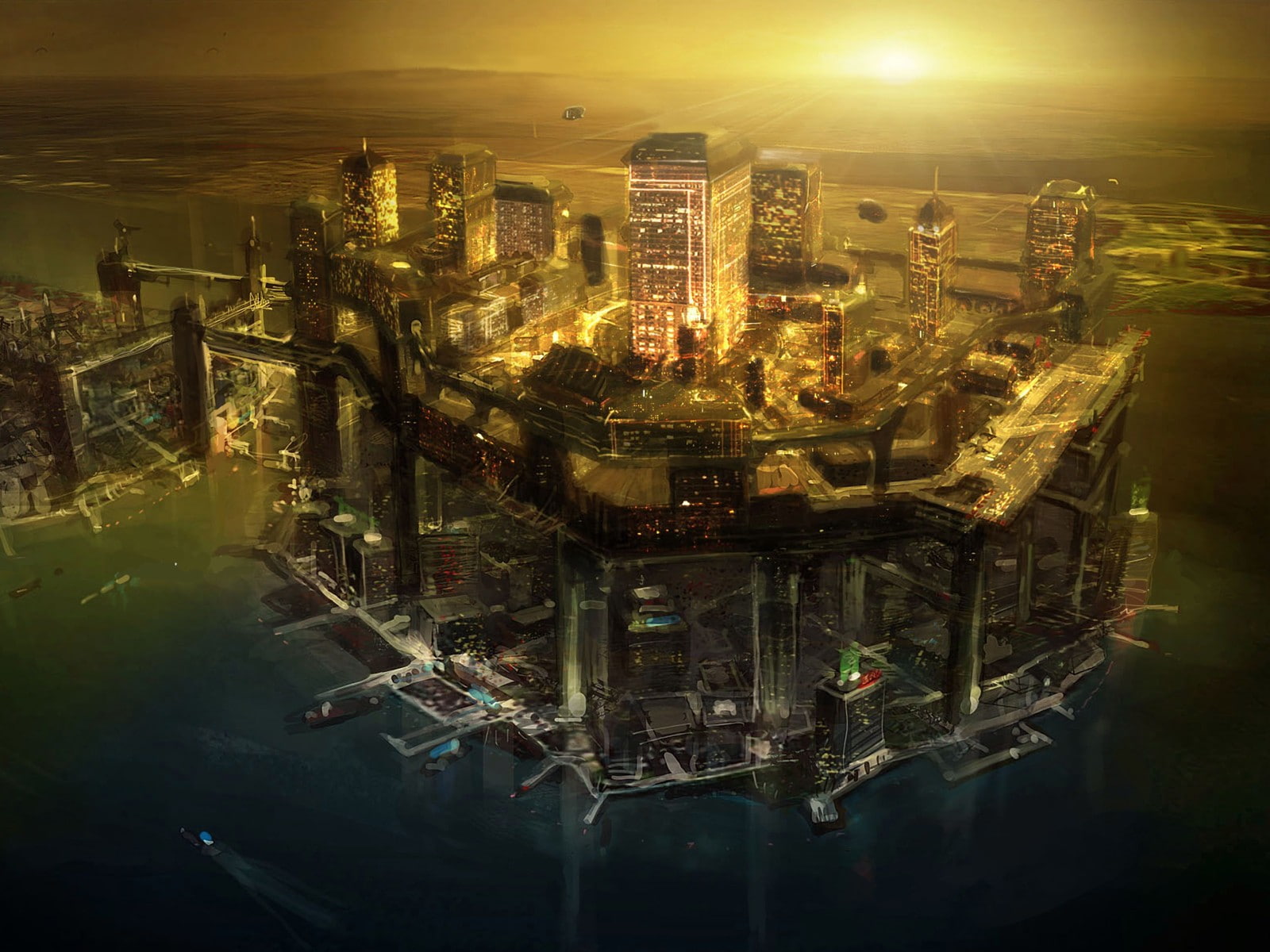 Deus Ex: Human Revolution, concept art, futuristic city, cityscape, video games, 720P, HD Wallpaper