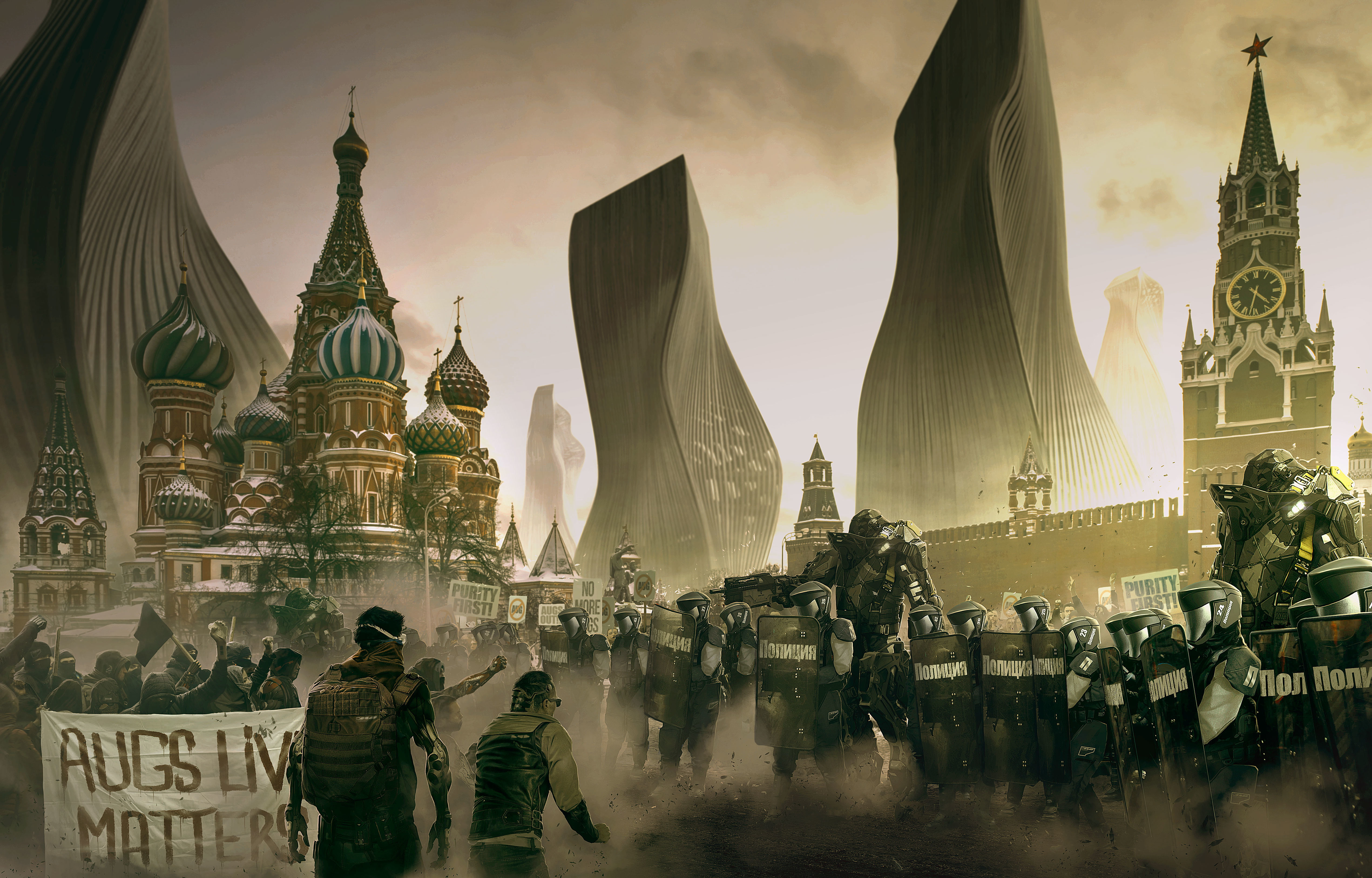 Deus Ex: Mankind Divided, soldiers, 4K, the city, the Kremlin, deus ex, protest, Russia, area, Moscow 2029, Moscow, people, art, special forces, armor, HD Wallpaper