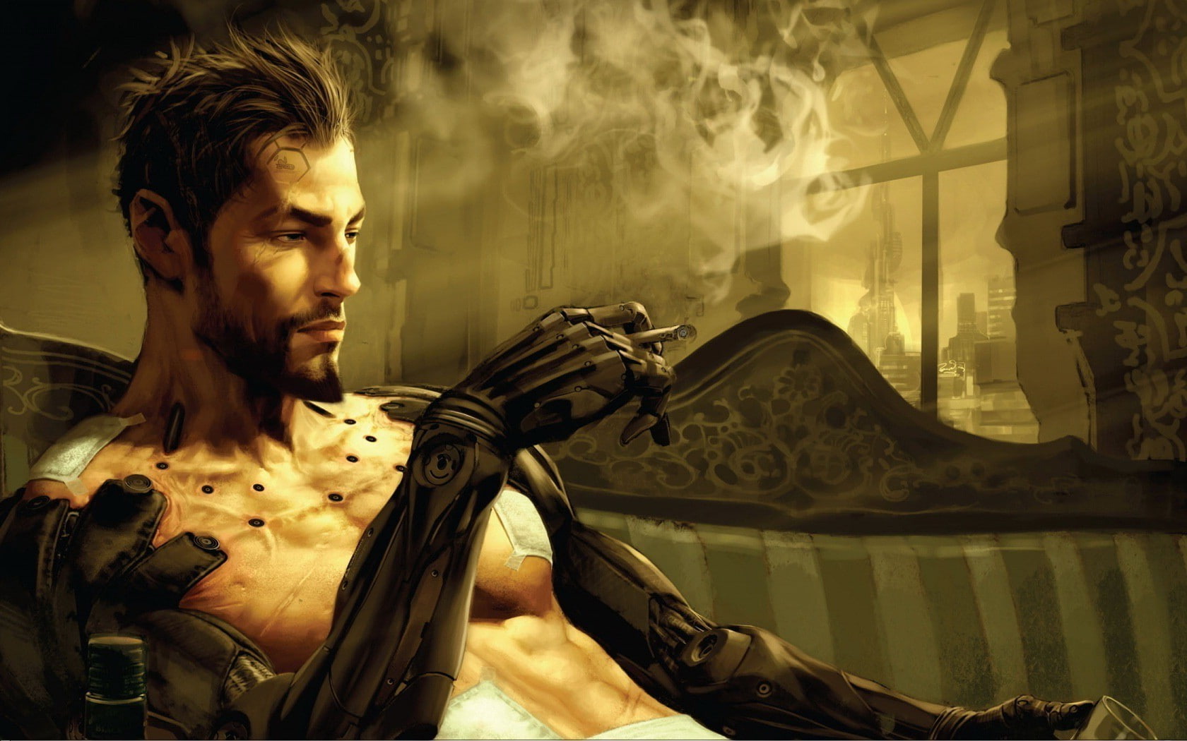 warning sign, young men, beautiful people, adam jensen deus ex human revolution video games, smoke - physical structure, young adult, activity, smoking - activity, HD Wallpaper