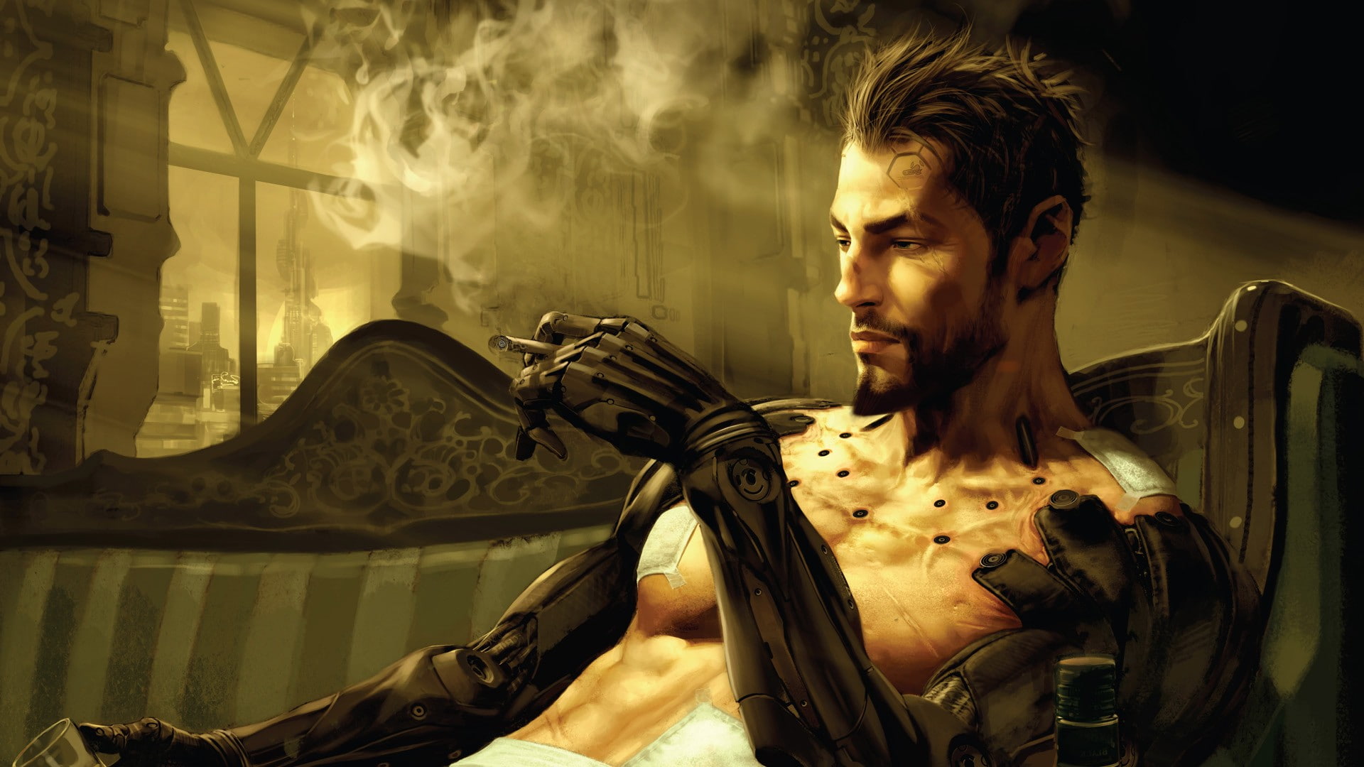 Deus Ex: Human Revolution, 1080P, Bionics, alcohol, video games, men, fantasy Art, cyberpunk, science fiction, deus ex, Futuristic, Adam Jensen, HD Wallpaper