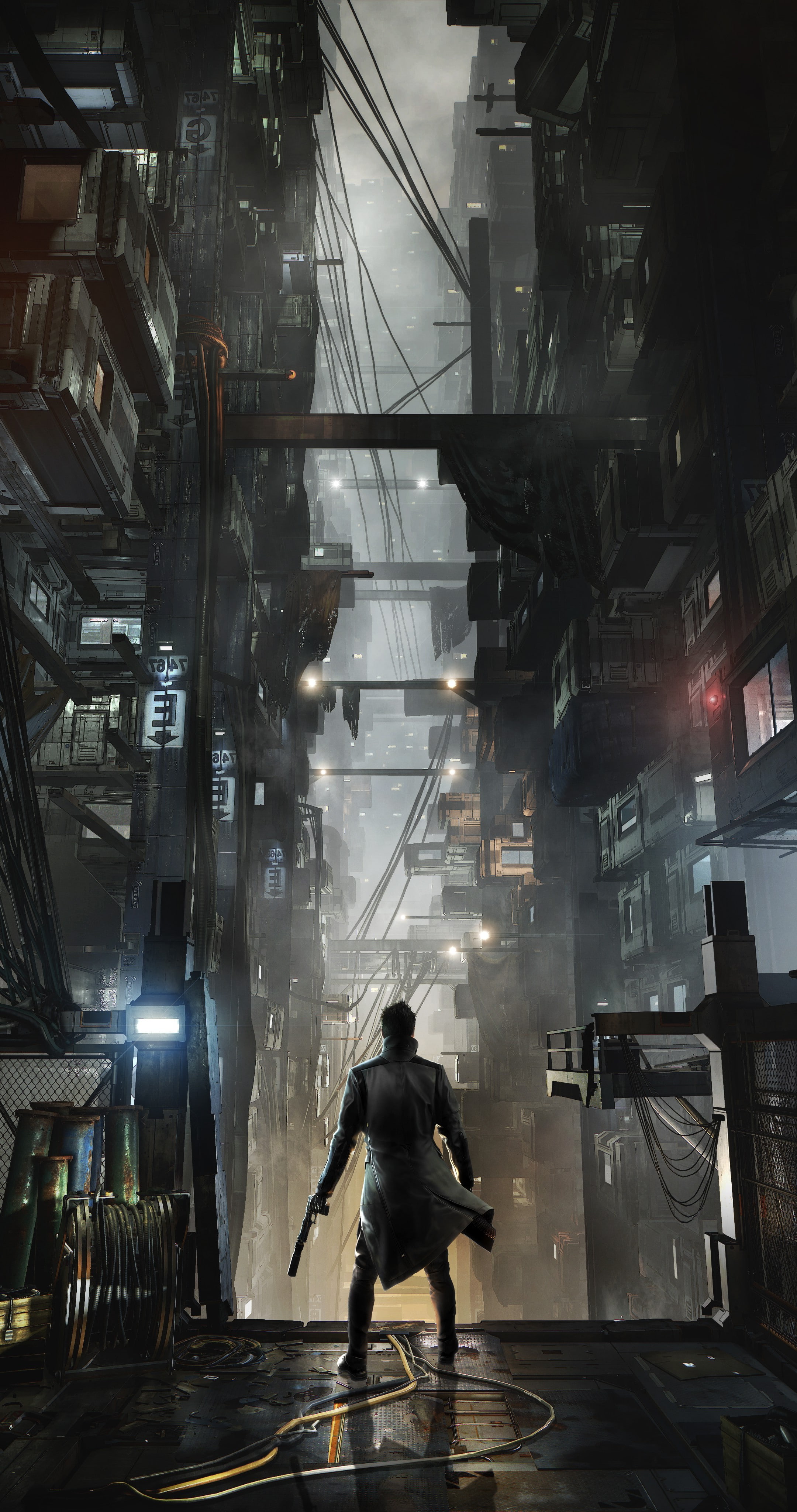 Futuristic, Deus Ex: Mankind Divided, architecture, occupation, digital composite, real people, technology, equipment, cyberpunk, modern, standing, 4K, Phone HD Wallpaper