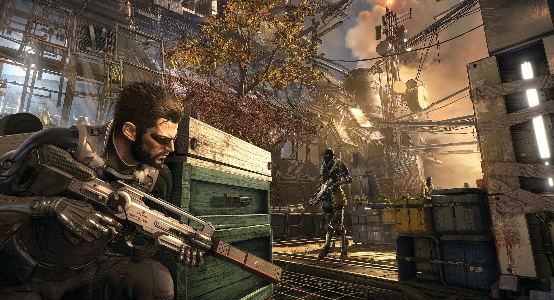 plant, video games, tree, Futuristic, outdoors, cyberpunk, young men, illuminated, young adult, adult, weapon, deus ex, leisure activity, architecture, HD Wallpaper