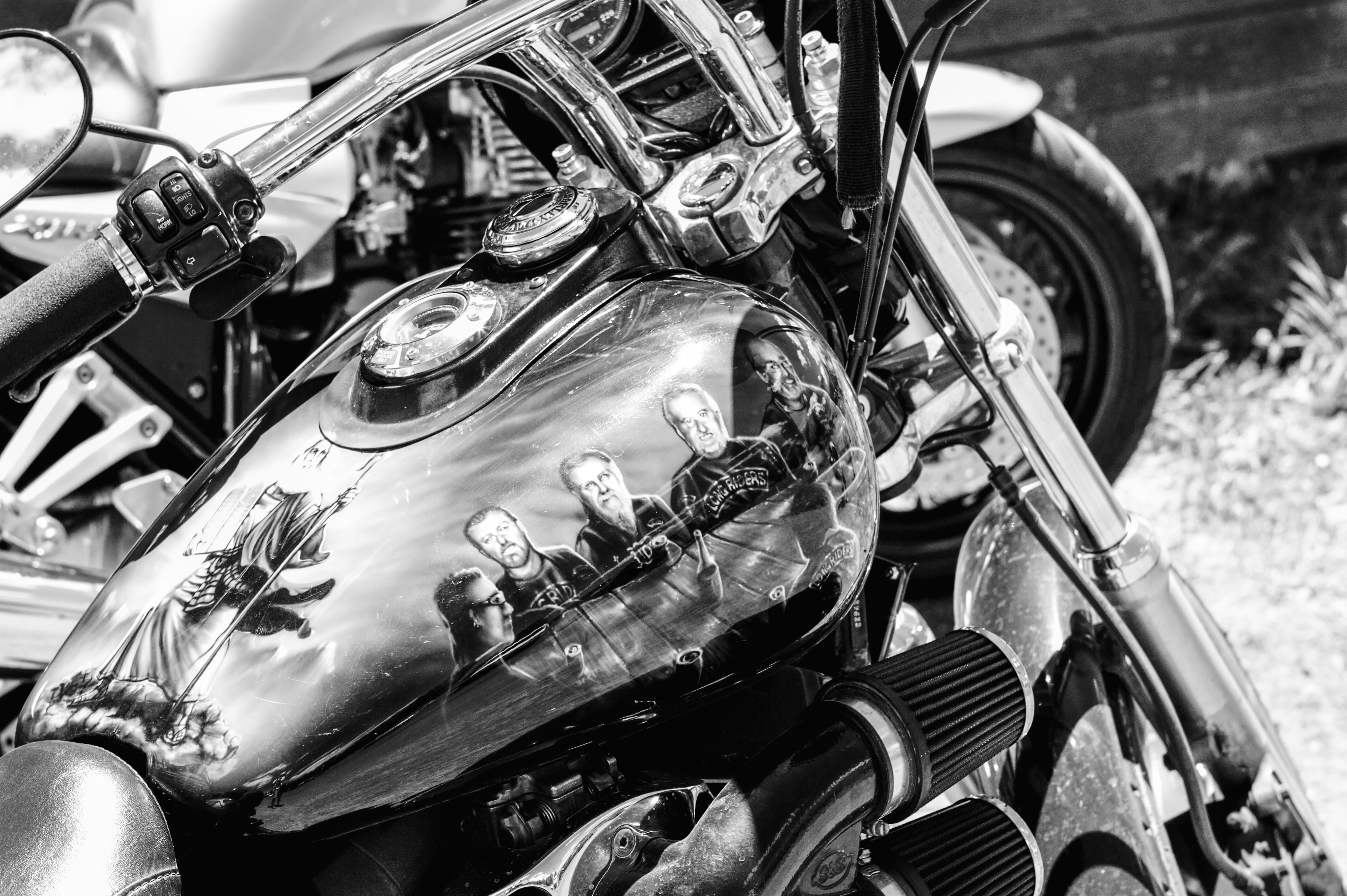 painting, close-up, stationary, tire, mode of transportation, car, harley, mechanic, travel, day, wheel, no people, black and white, chrome, art, engine, HD Wallpaper