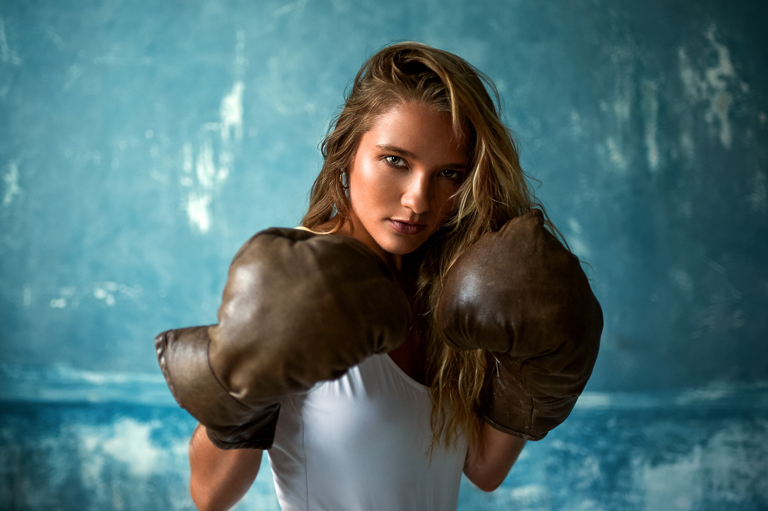 women, one-piece swimsuit, earring, women indoors, looking at viewer, indoors, blonde, wall, bokeh, 2K, model, boxing gloves, face, depth of field, HD Wallpaper
