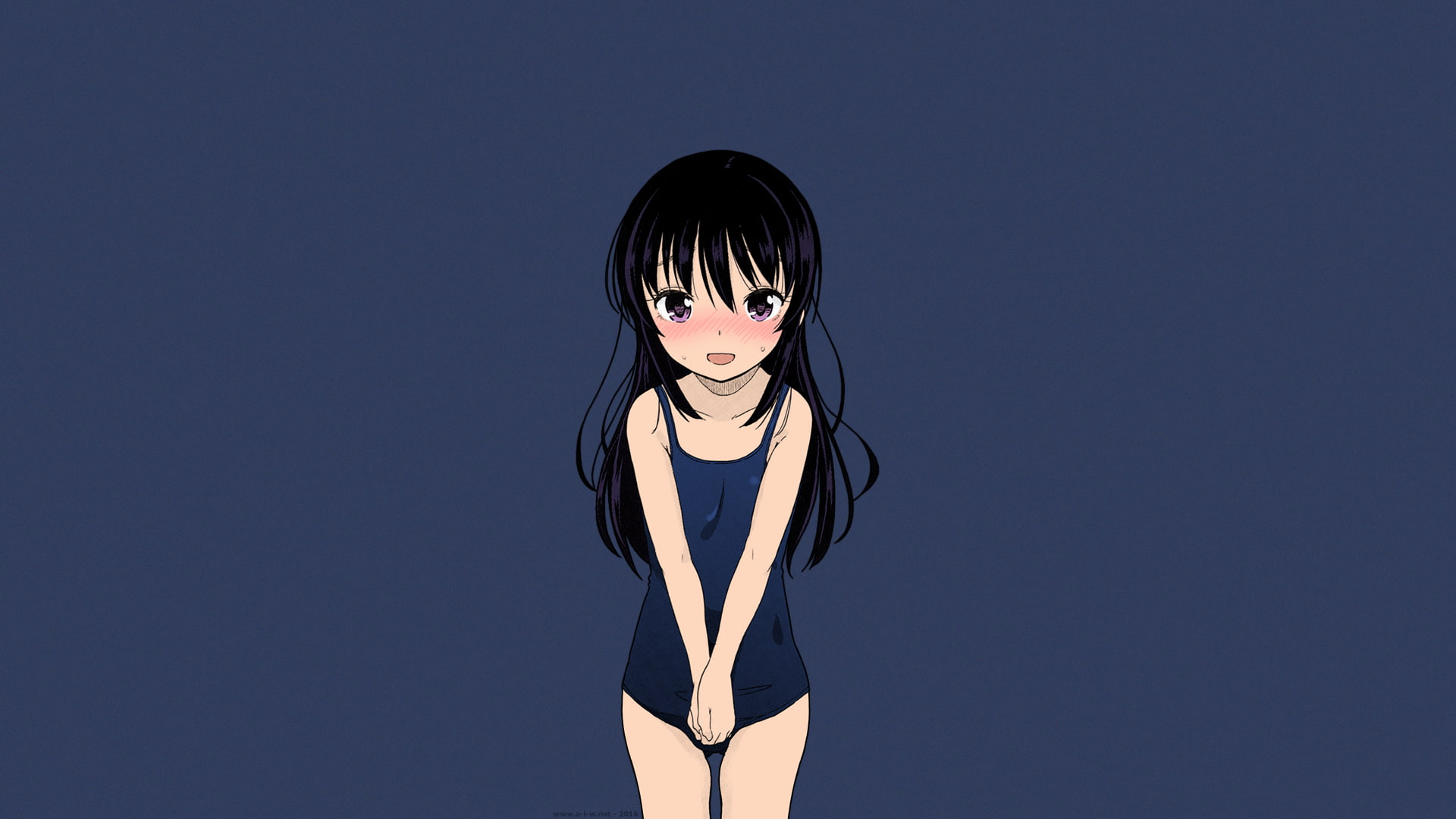 blue swimsuit, Fuyuno Mikan, shy, purple eyes, loli, anime, one-piece swimsuit, anime girls, manga, black hair, long hair, 1080P, blushing, HD Wallpaper