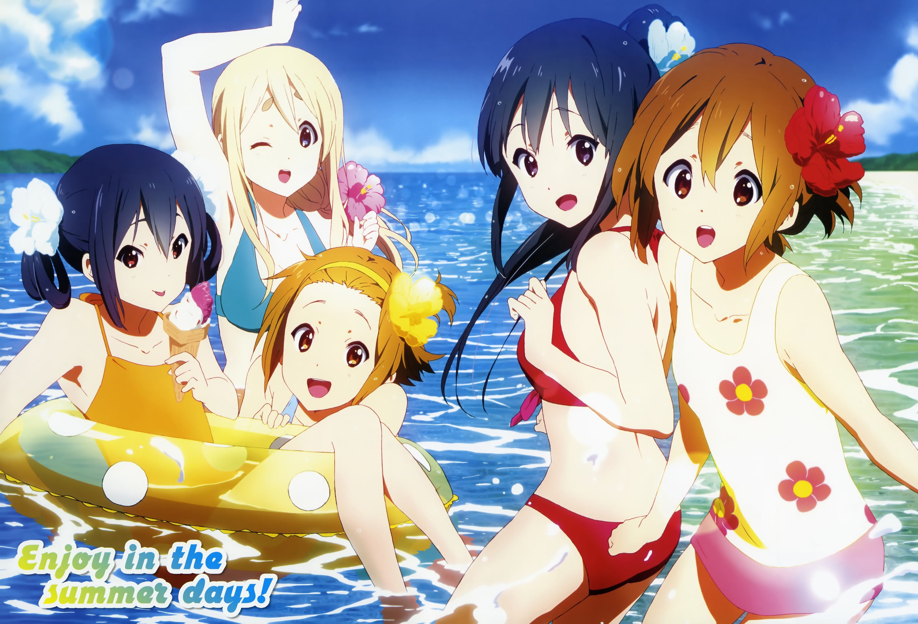 Kotobuki Tsumugi, K-ON!, 2K, long hair, swimwear, Nakano Azusa, short hair, one-piece swimsuit, water, flower in hair, Akiyama Mio, ice cream, beach, ponytail, HD Wallpaper