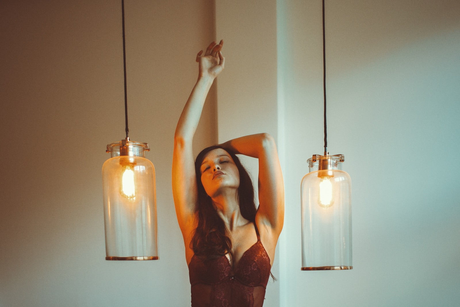 light bulb, beautiful woman, women, hanging, arms raised, human arm, one person, electric lamp, closed eyes, juicy lips, long hair, brunette, glowing, young adult, HD Wallpaper