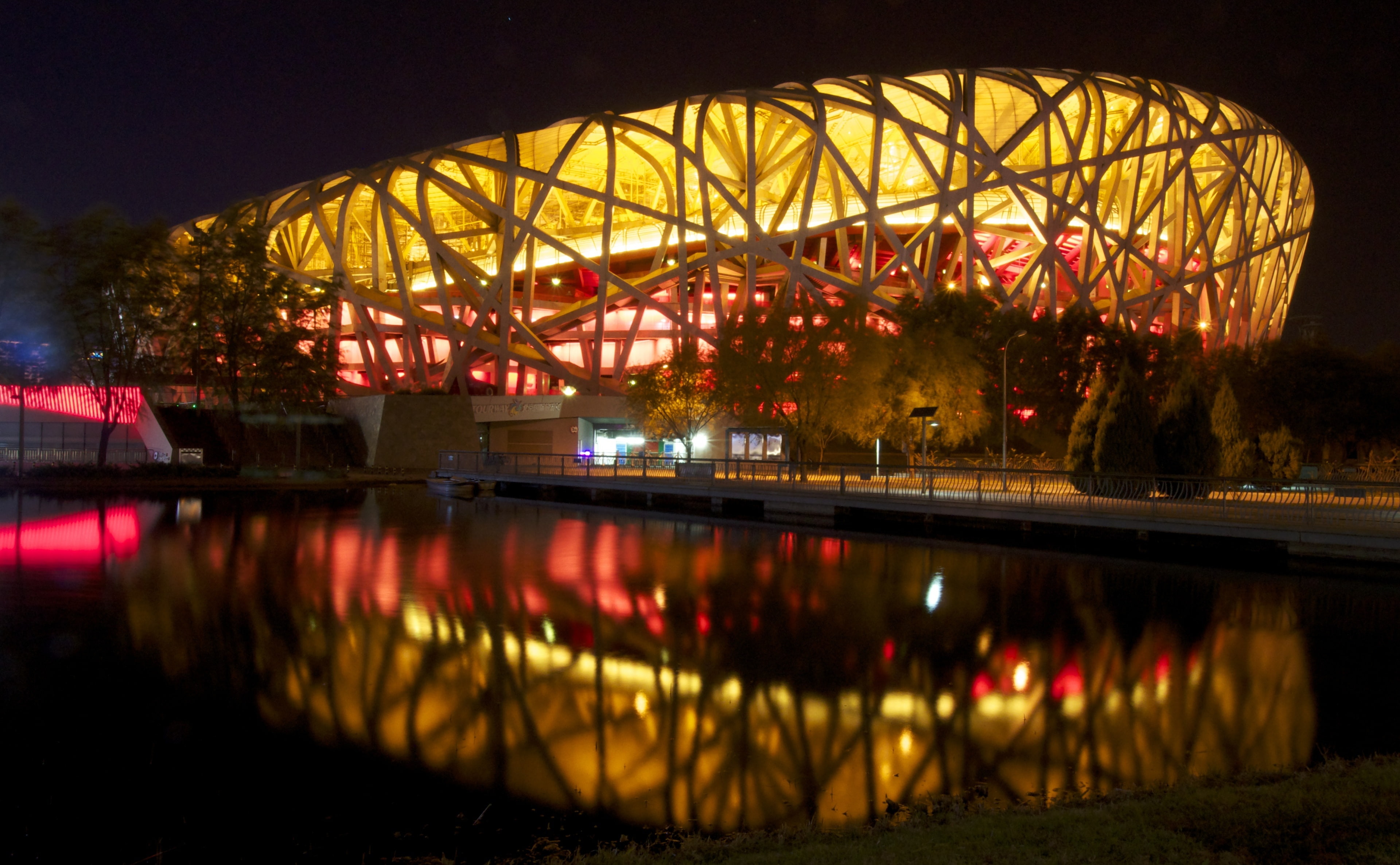 Asia, water, nest, nature, amusement park ride, beijing, transportation, building exterior, built structure, birds nest, reflection, China, waterfront, HD Wallpaper