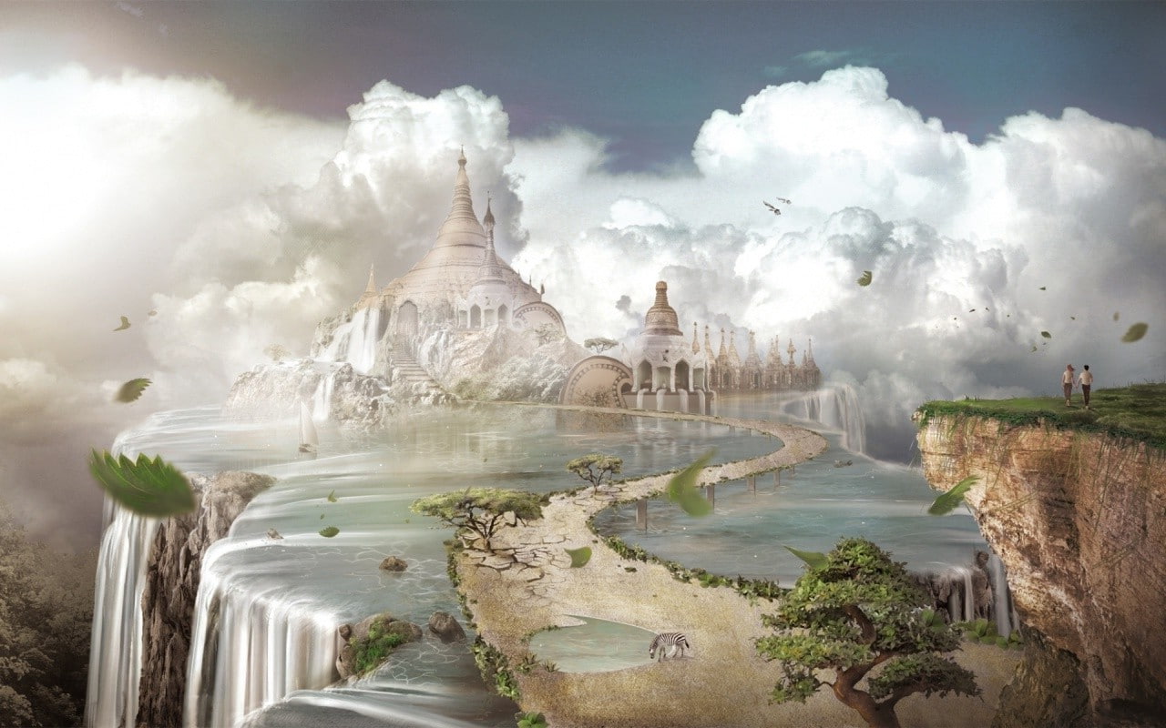 couple, clouds, zebras, 720P, path, birds, nature, stairs, tower, waterfall, digital art, leaves, fantasy Art, animals, water, castle, rock, Trees, grass, HD Wallpaper