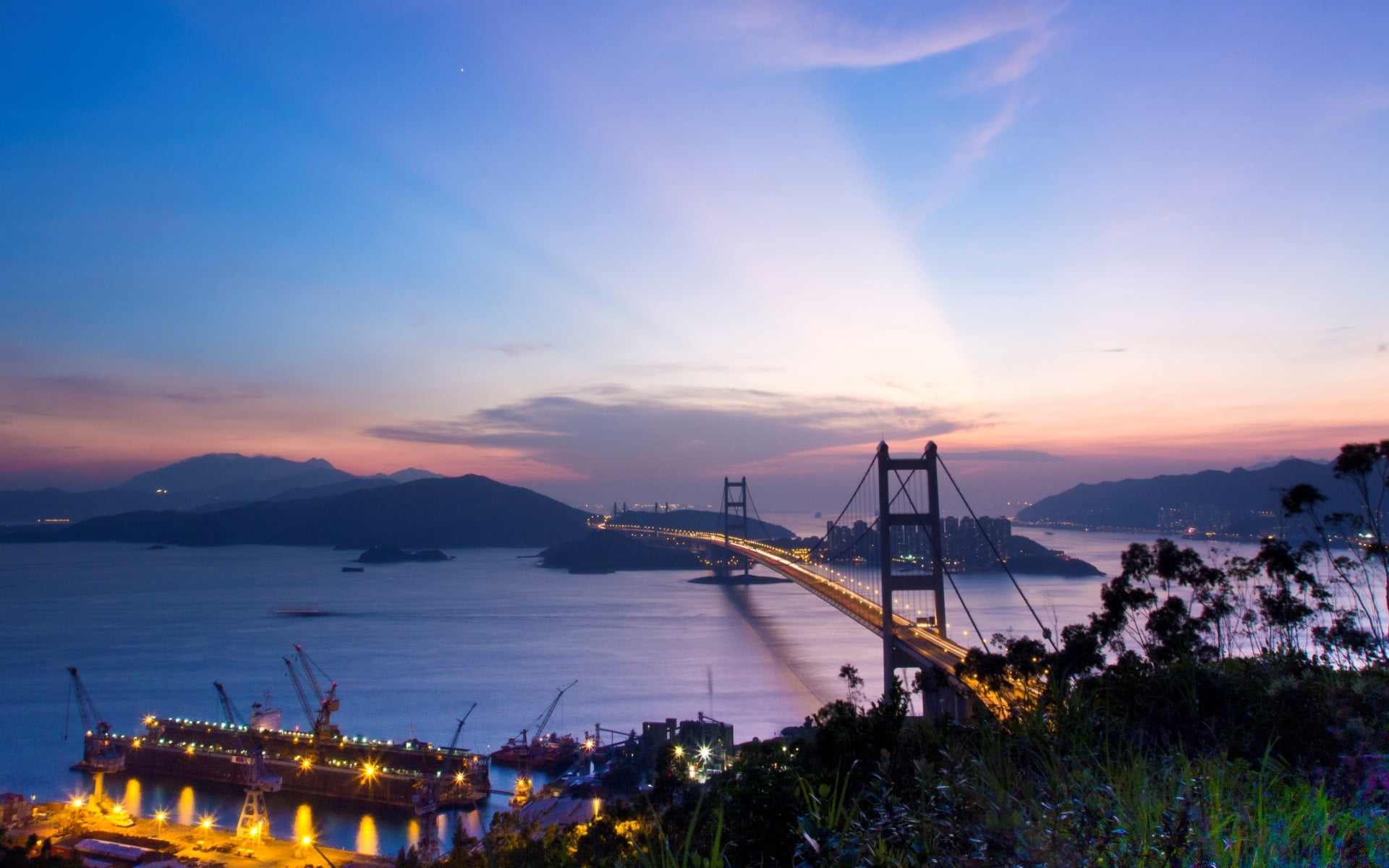 bridge, nature, gate, city, night, golden, landscape, 1080P, Hong Kong, HD Wallpaper